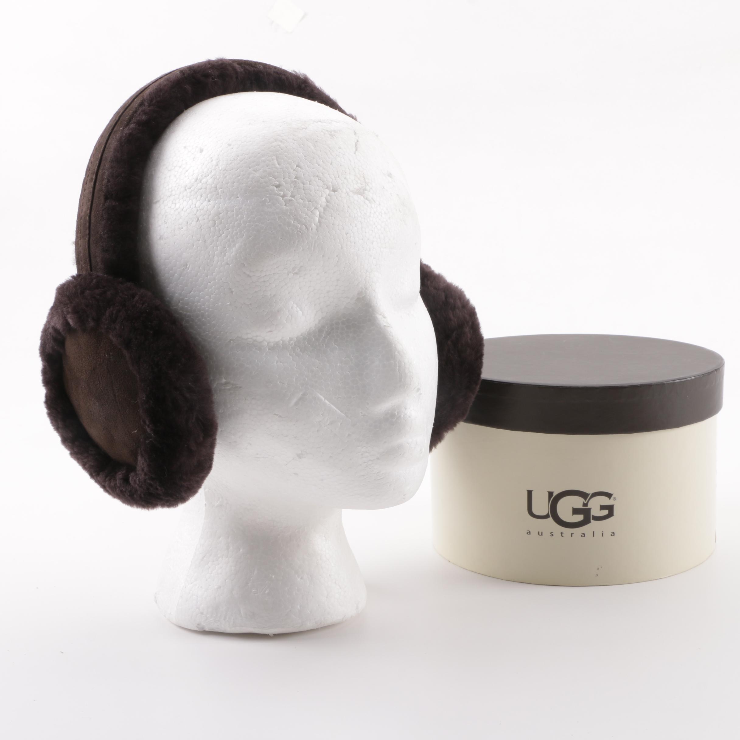 UGG Australia Chocolate Brown Shearling Earmuffs with Storage Box