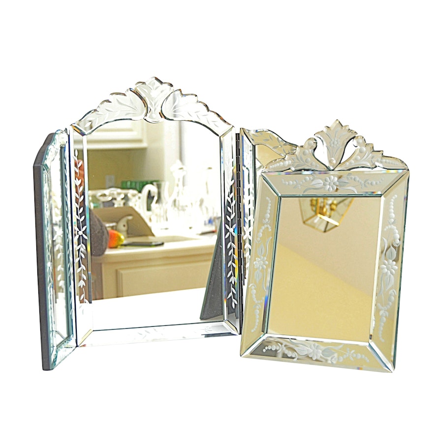 Art Deco Style Floral-Etched Tri-Fold Vanity Mirror and Easel Mirror