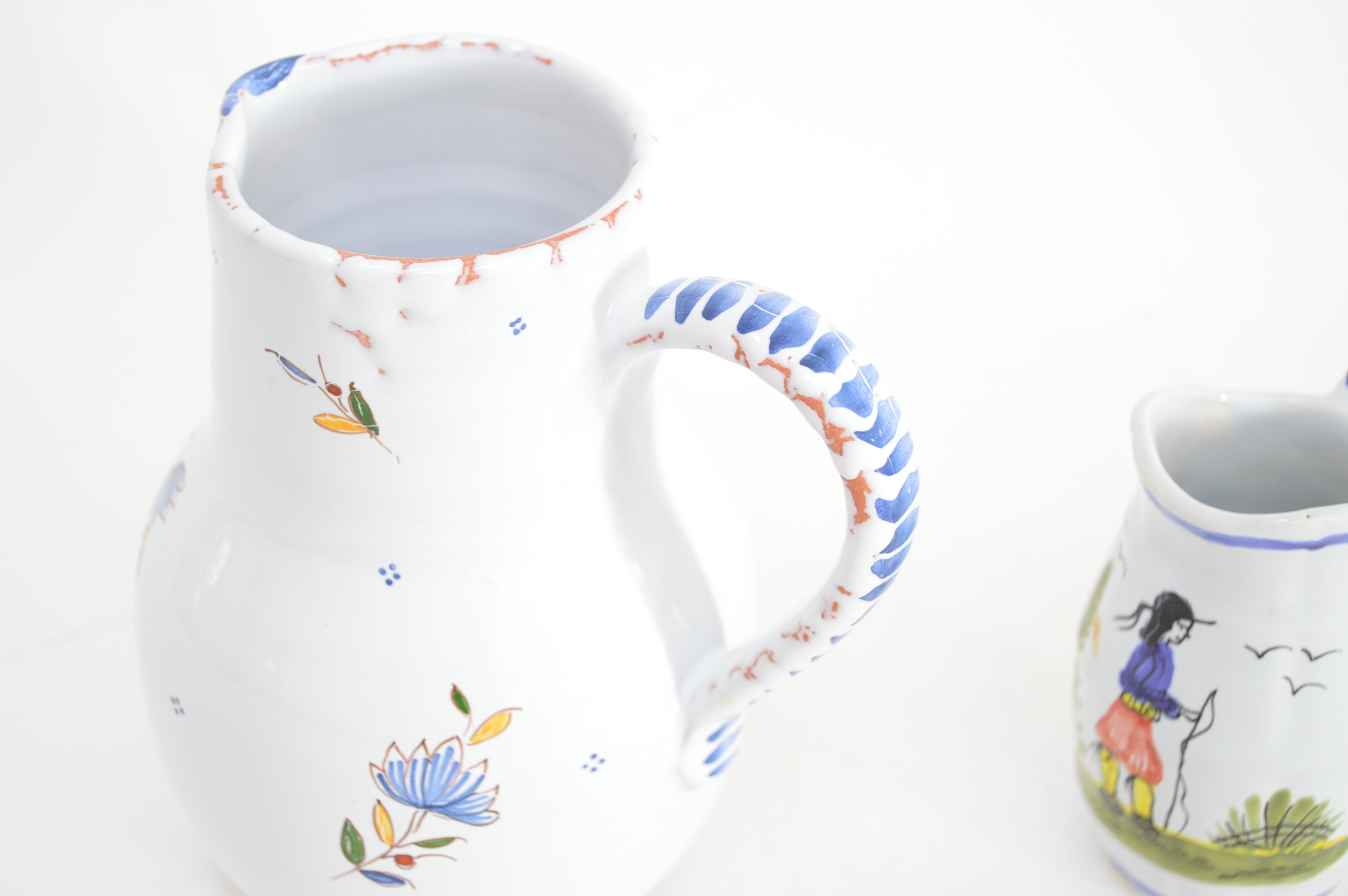 French Faience Pottery Pitchers with Quimper