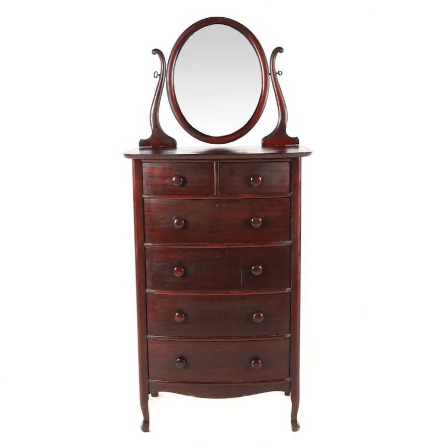 American Mahogany Bow Front Chest with Mirror, Early 20th Century