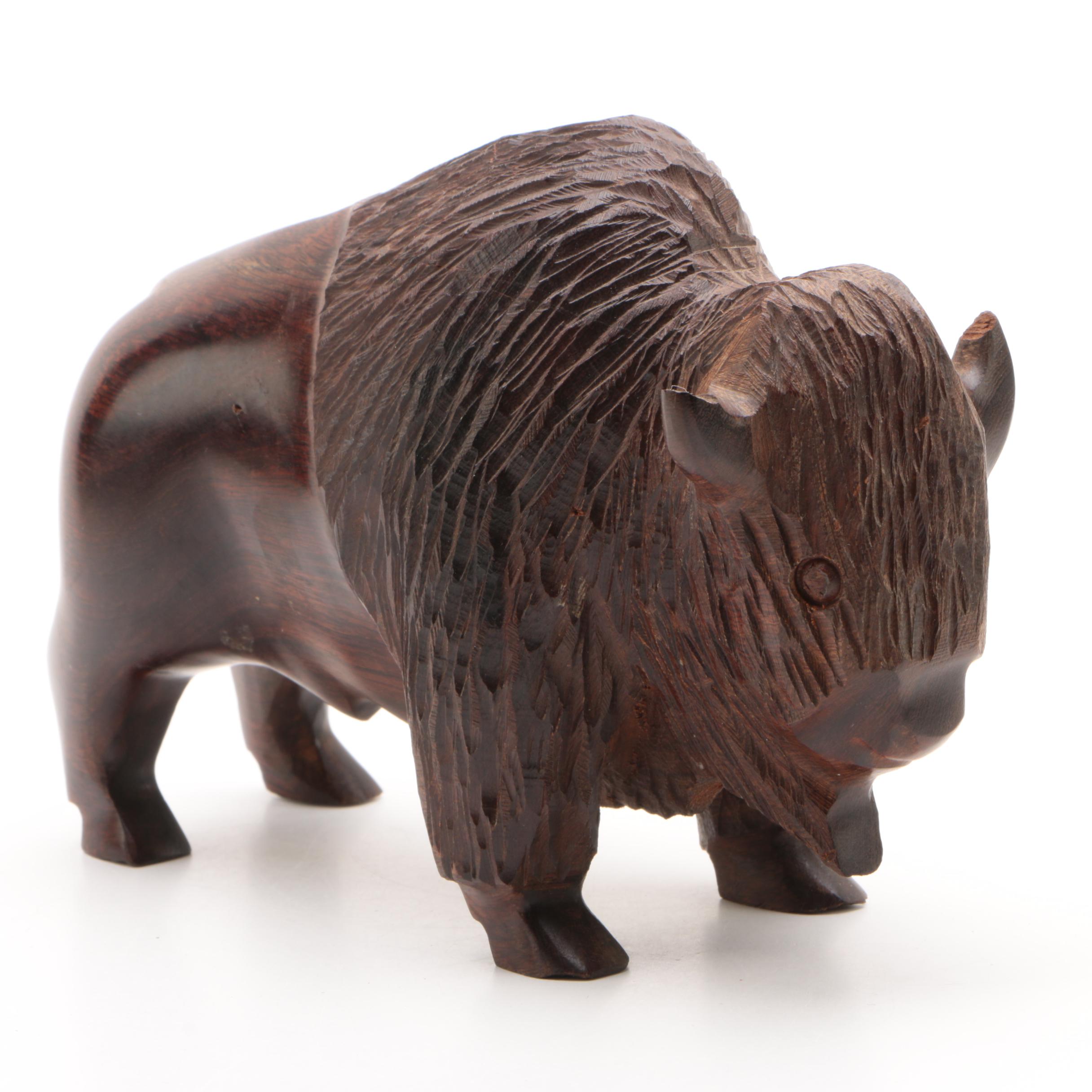 Carved Wooden Bison Sculpture