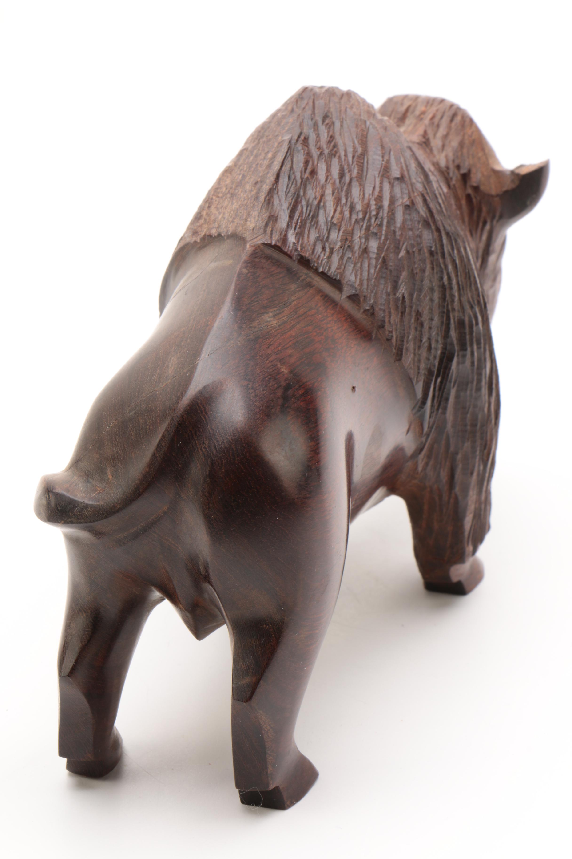 Carved Wooden Bison Sculpture