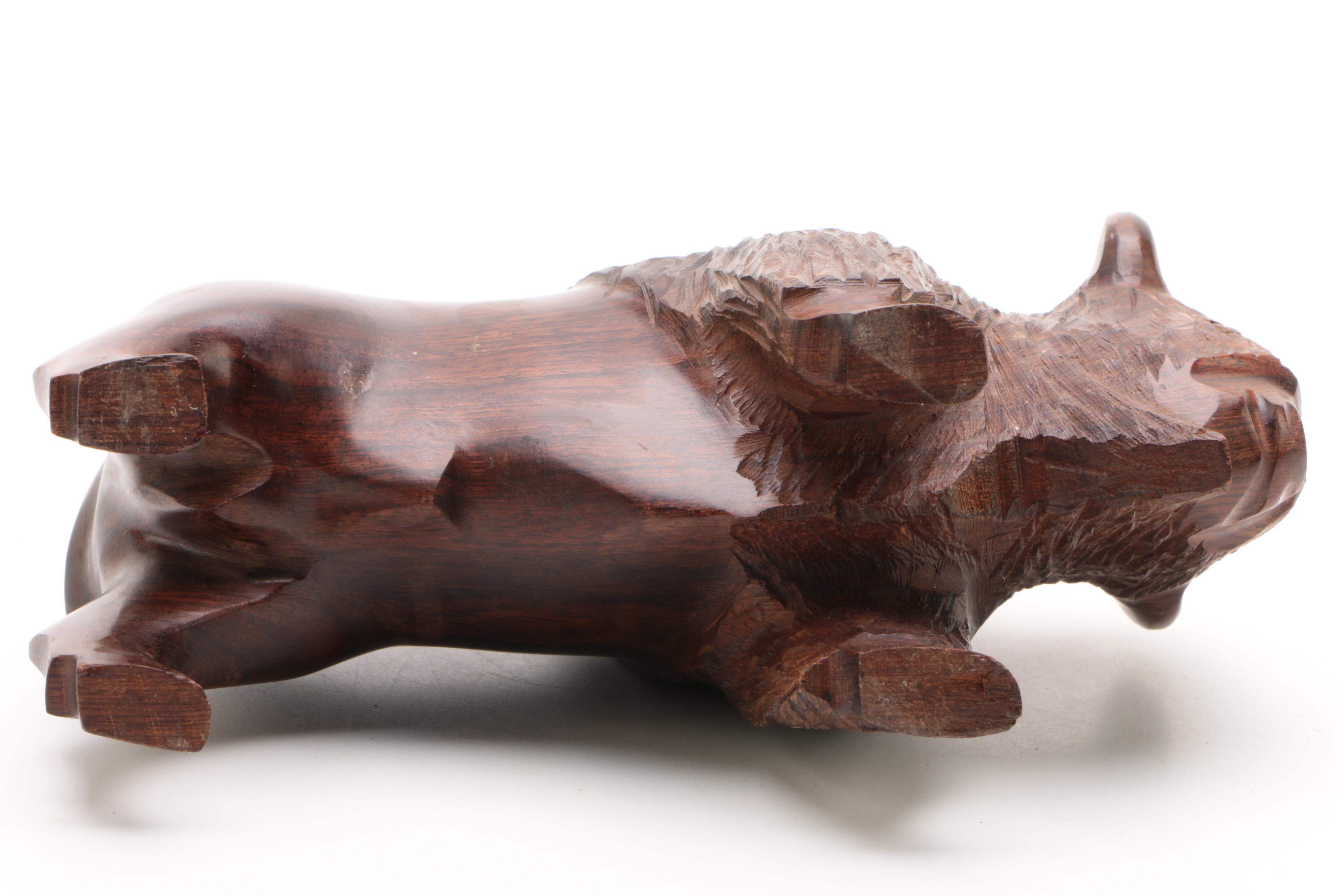 Carved Wooden Bison Sculpture