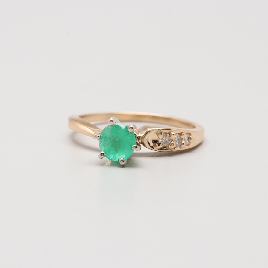 14K Yellow Gold Emerald and Diamond Ring