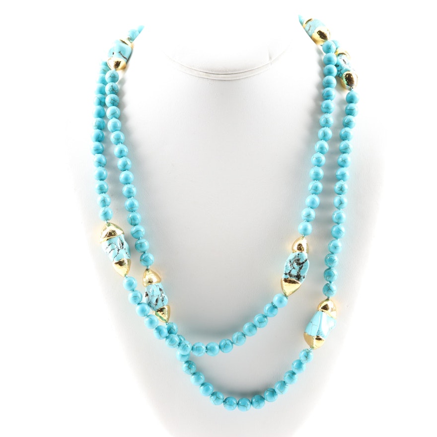 Gold Tone Imitation Turquoise Endless Strand Bead Necklace