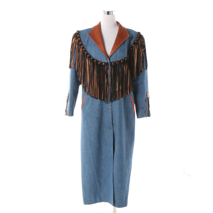 Women's Denim and Leather Duster with Fringe Trim