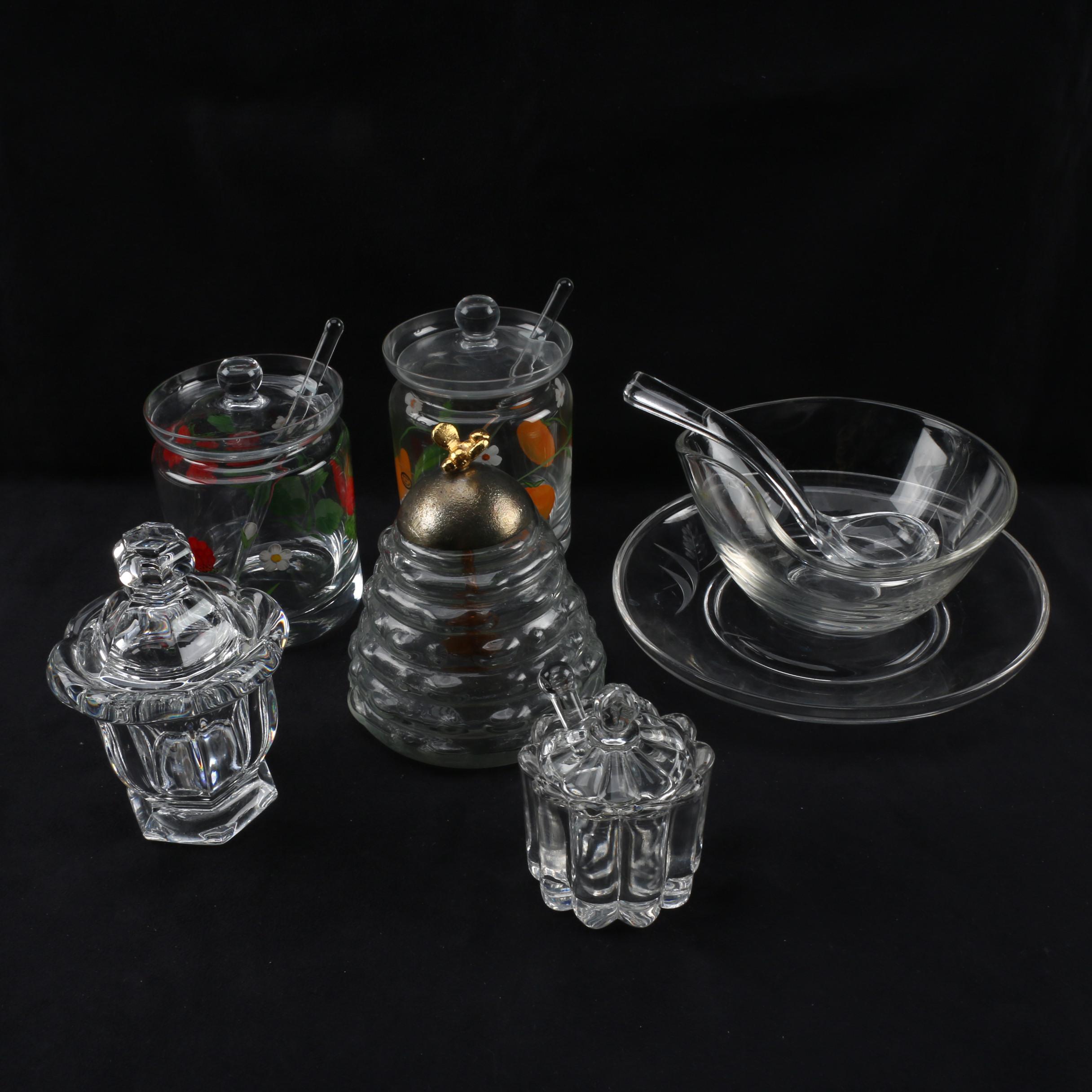 Crystal and Glass Lidded Jars and Bowl with Ladle featuring Baccarat