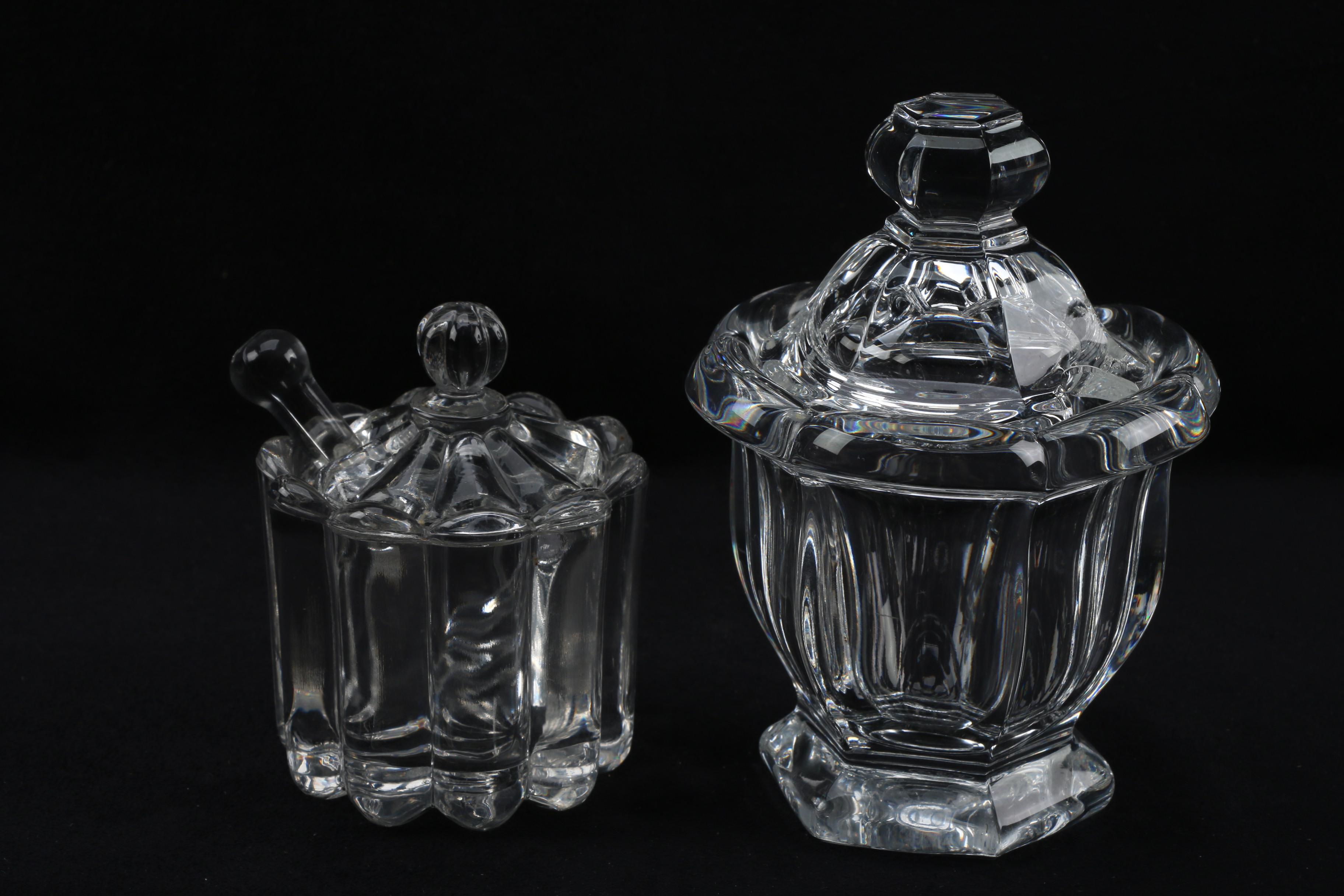 Crystal and Glass Lidded Jars and Bowl with Ladle featuring Baccarat