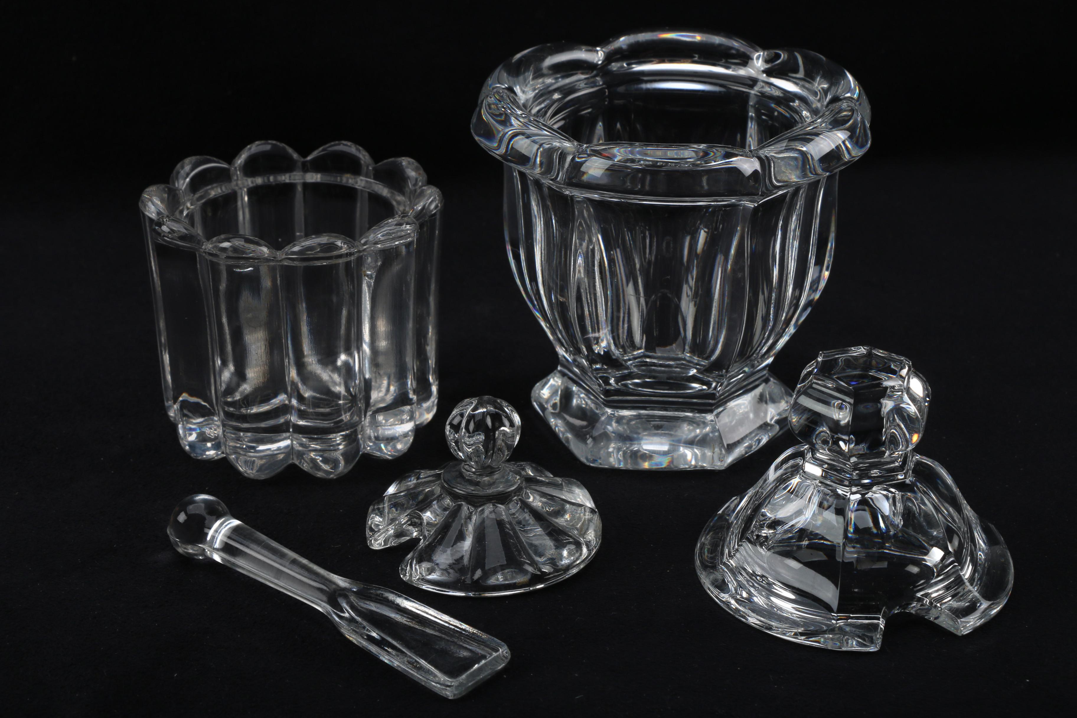 Crystal and Glass Lidded Jars and Bowl with Ladle featuring Baccarat