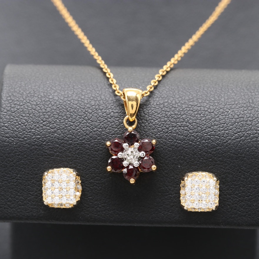 Gold Wash on Sterling Garnet and Diamond Necklace and Cubic Zirconia Earring
