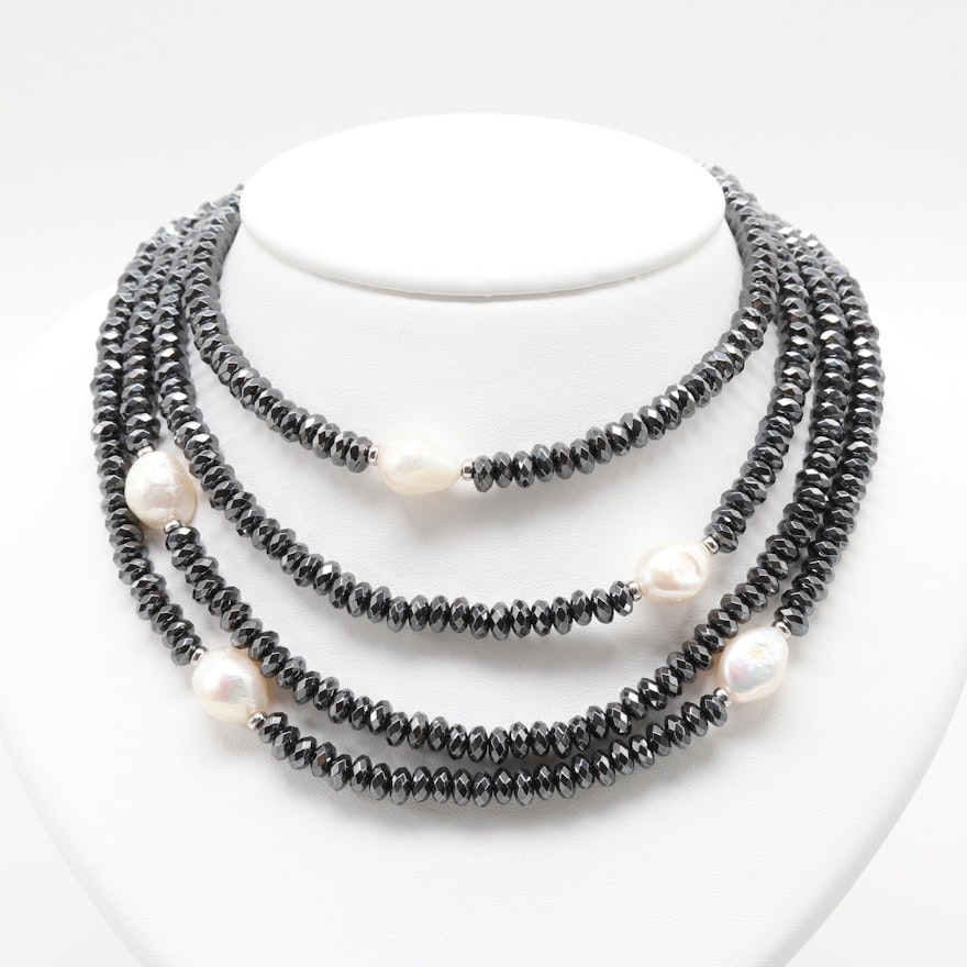 Sterling Silver Multi-Strand Cultured Pearl and Hematite Necklace