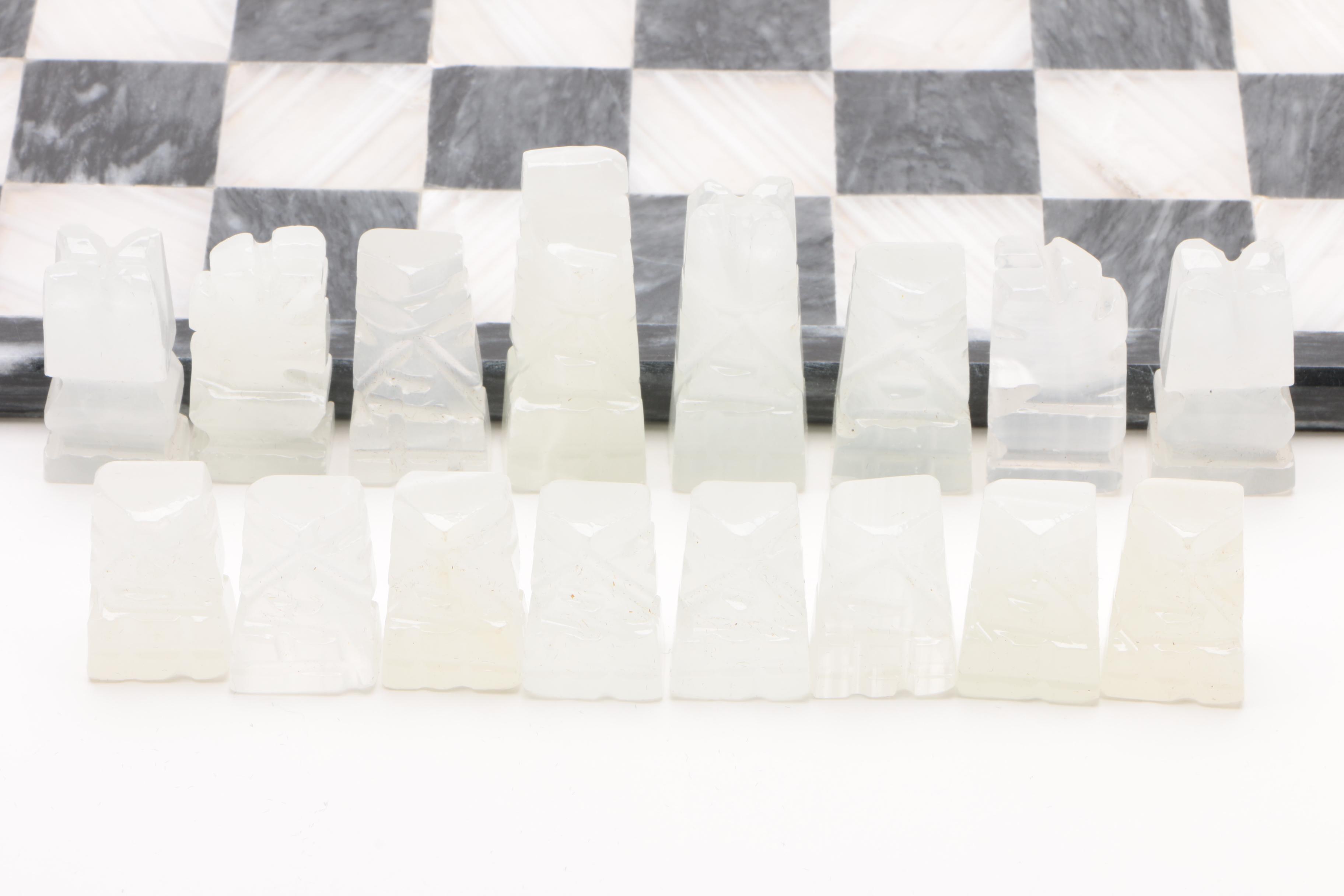 Onyx Tellez Mexican Carved Onyx and White Marble Chess Set