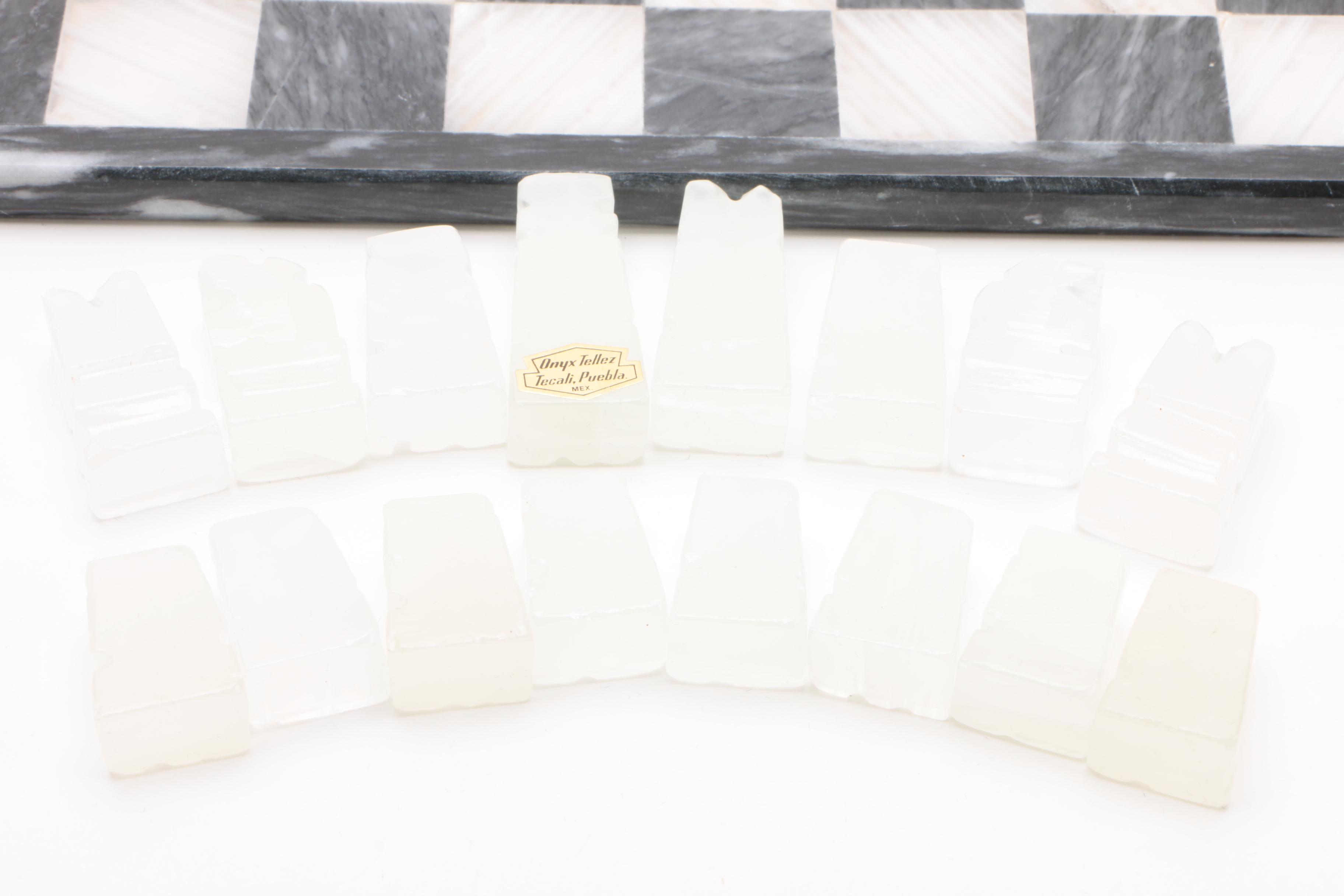 Onyx Tellez Mexican Carved Onyx and White Marble Chess Set