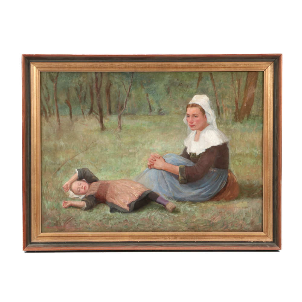 Eudora Hereford 1895 Oil Painting of Mother and Child in Landscape