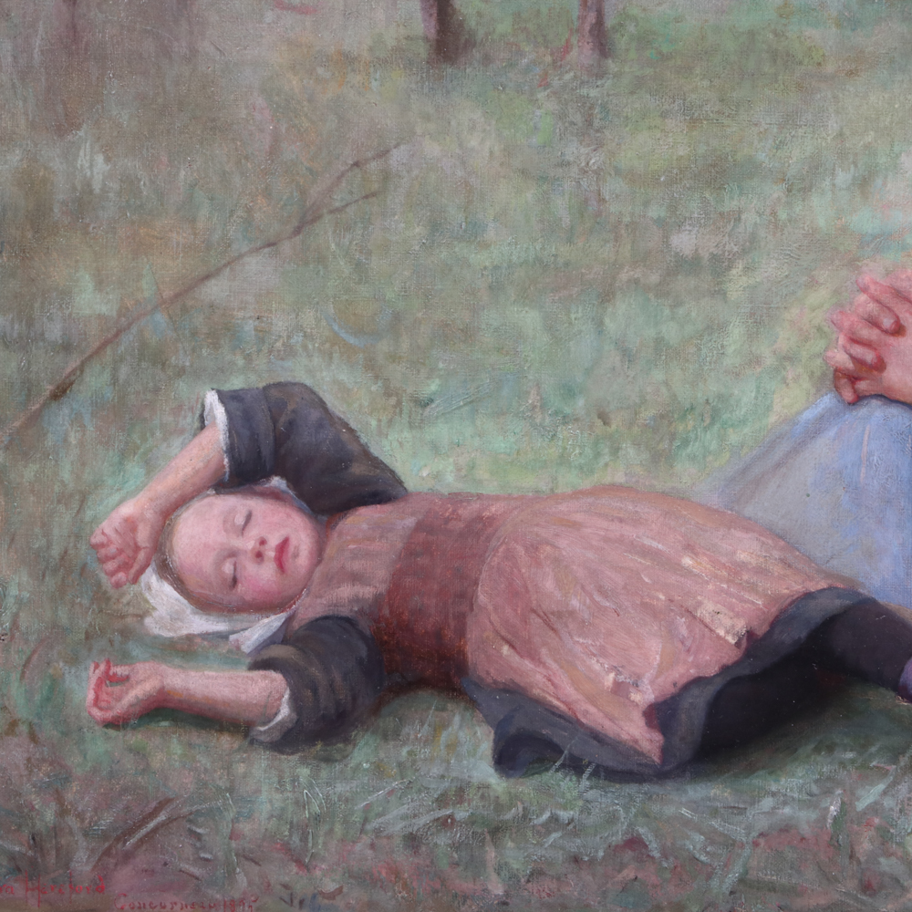 Eudora Hereford 1895 Oil Painting of Mother and Child in Landscape