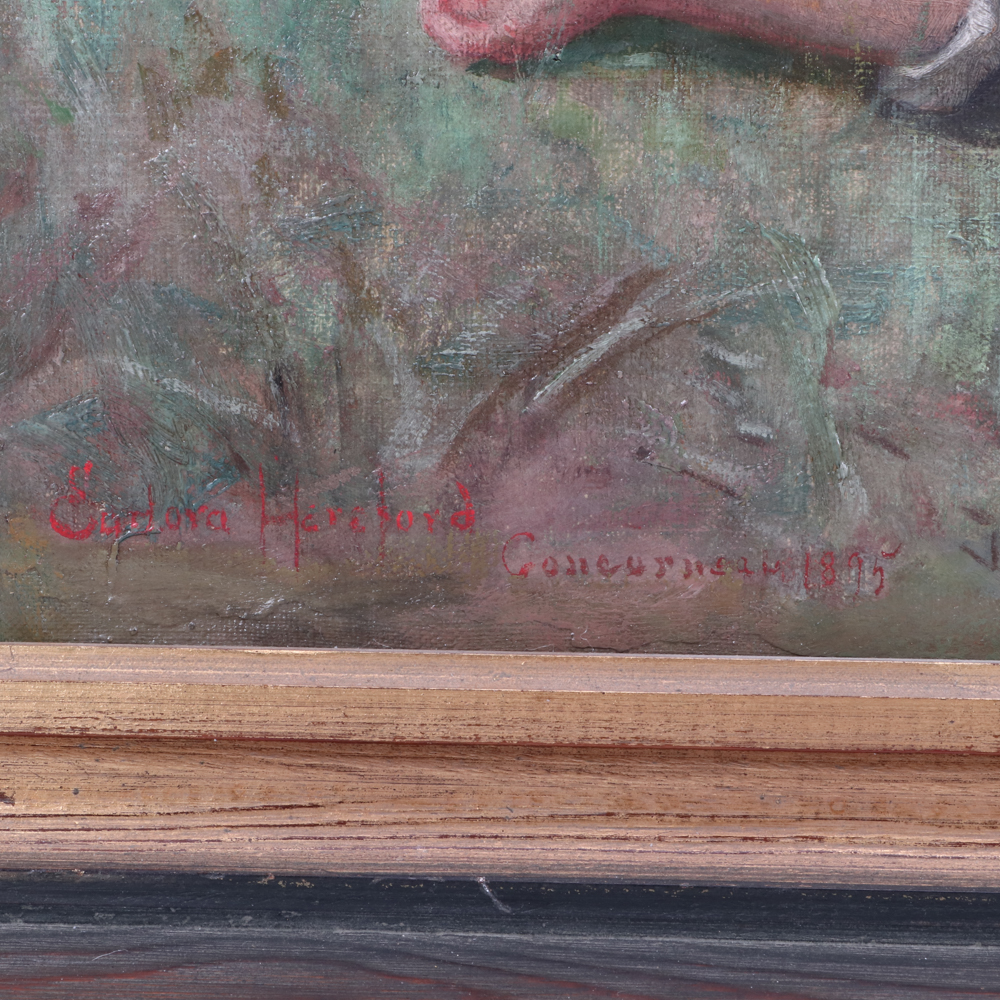 Eudora Hereford 1895 Oil Painting of Mother and Child in Landscape