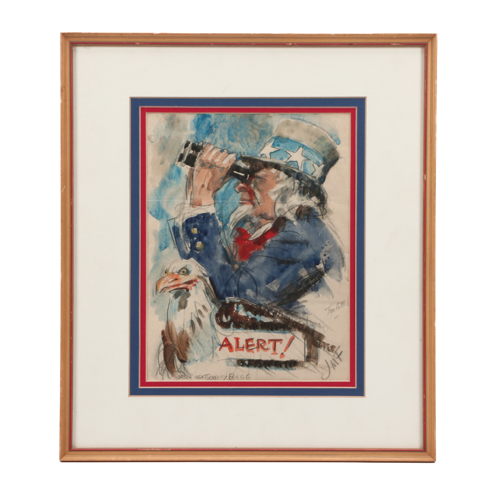 James Montgomery Flagg Watercolor Uncle Sam Sketch "Uncle Sam - Alert"