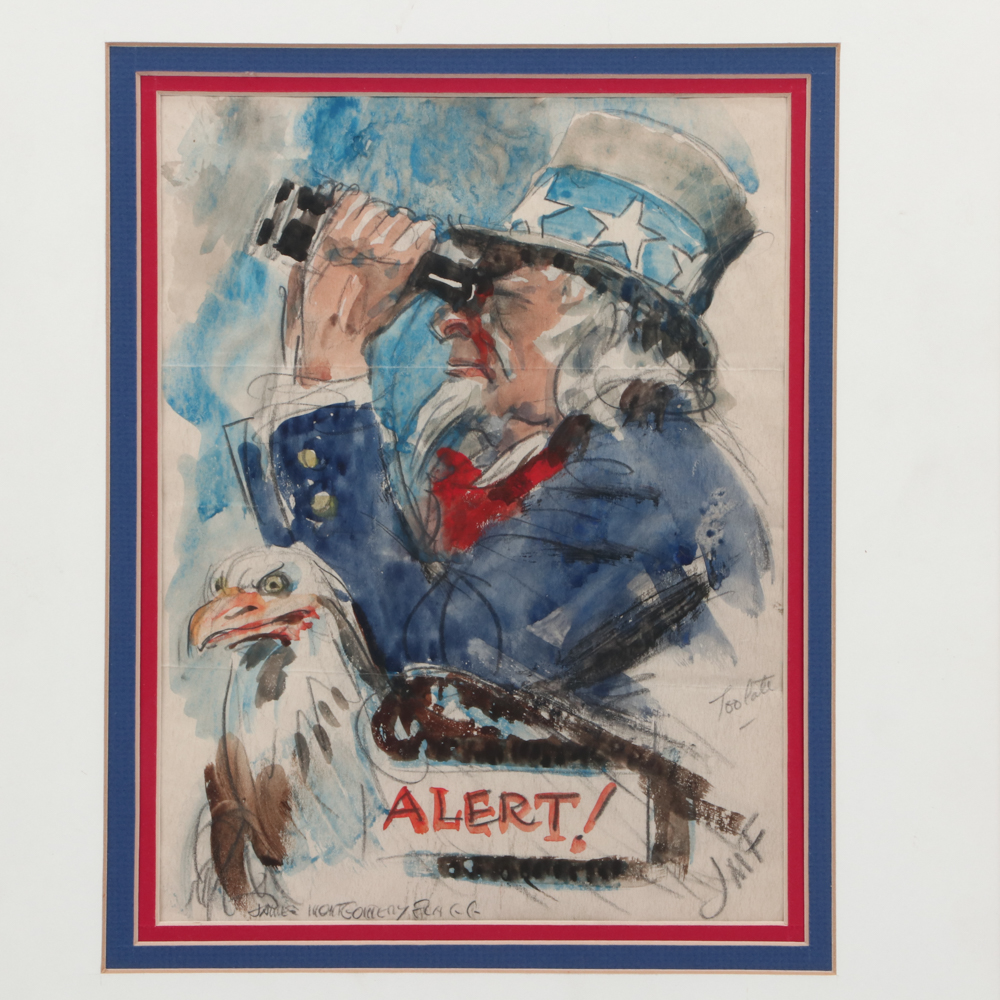 James Montgomery Flagg Watercolor Uncle Sam Sketch "Uncle Sam - Alert"