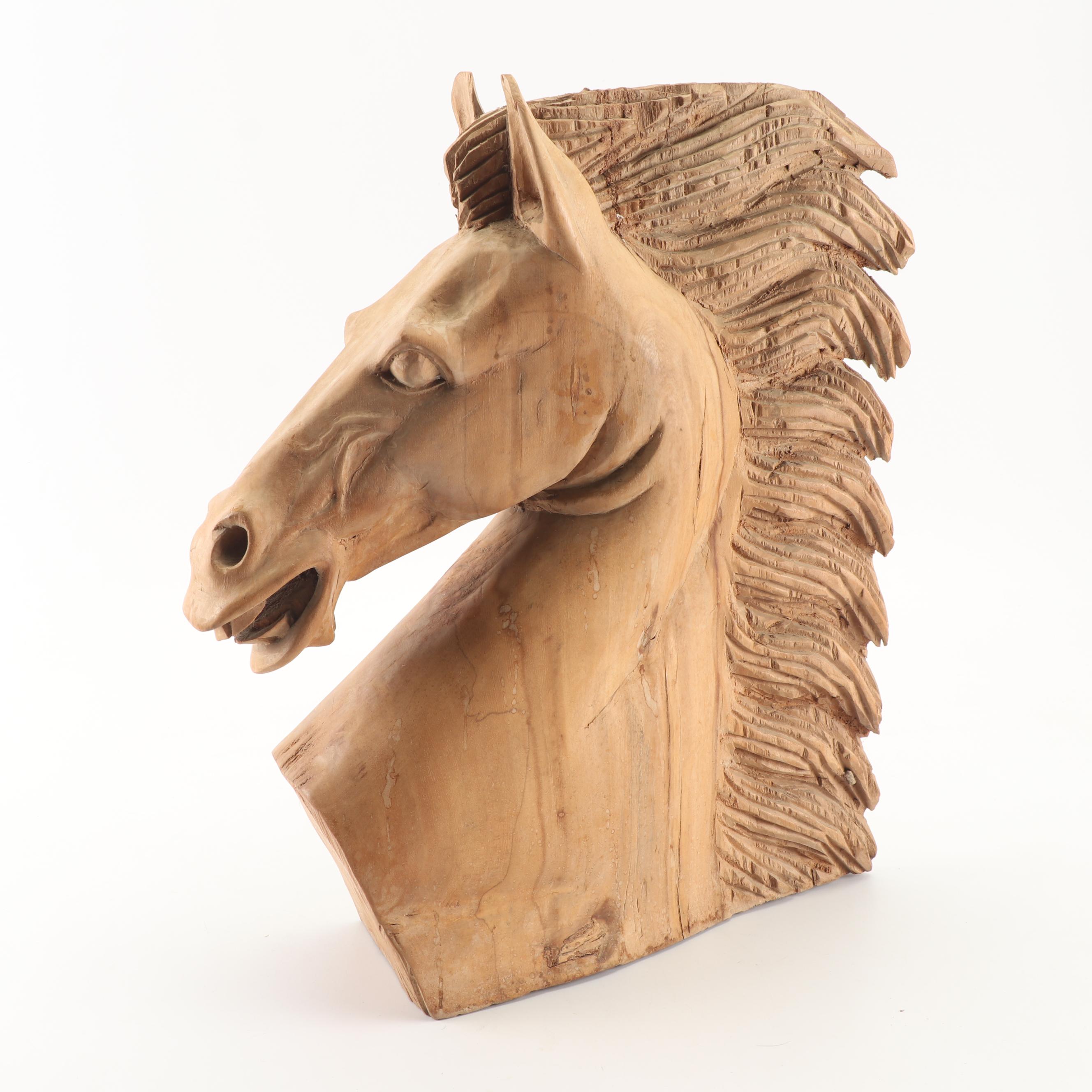 Carved Wood Horse Head Sculpture