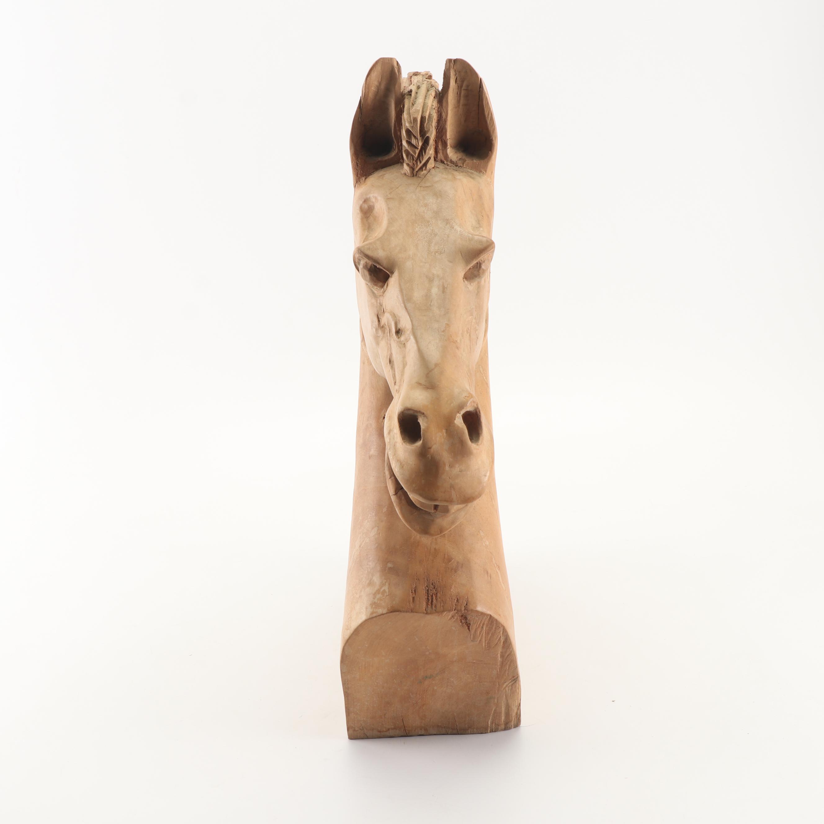 Carved Wood Horse Head Sculpture