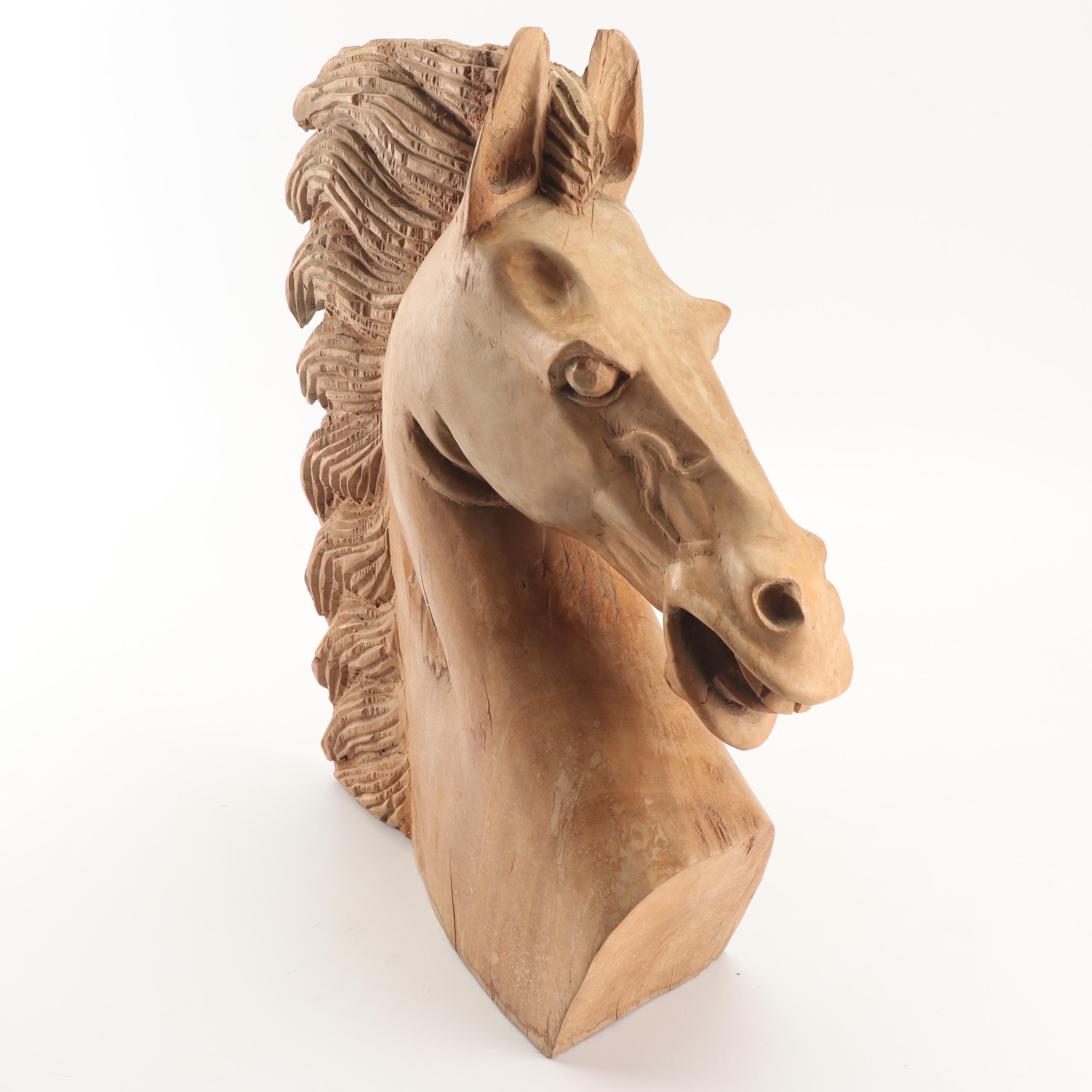 Carved Wood Horse Head Sculpture