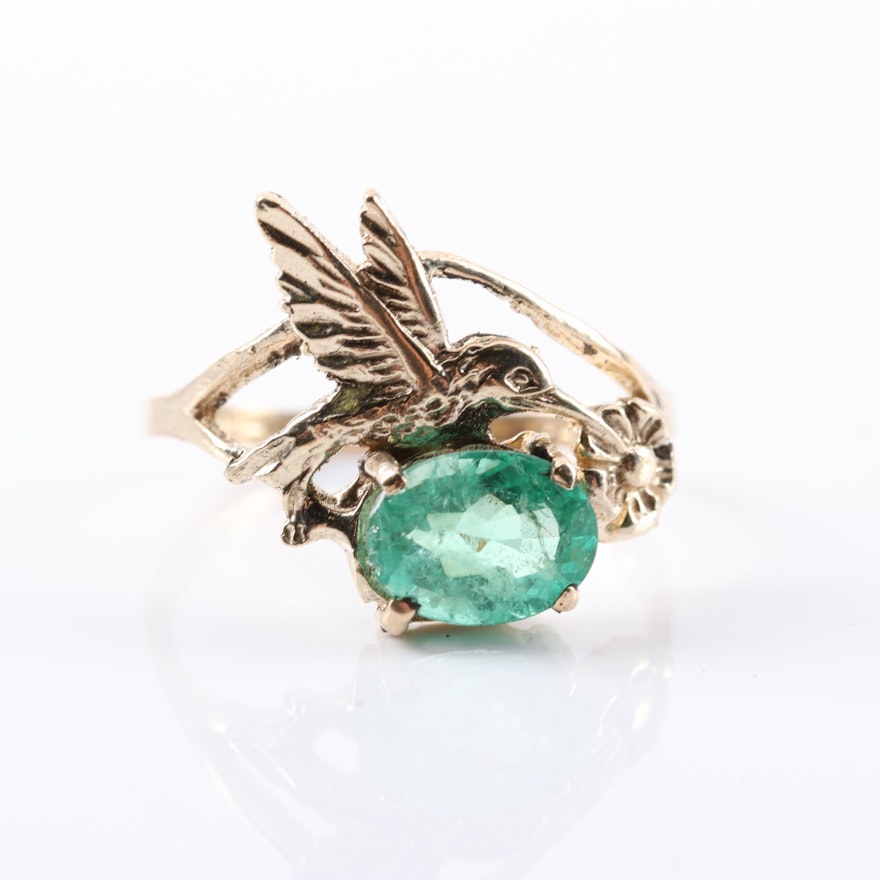 10K Yellow Gold 1.40 CT Emerald Hummingbird Ring