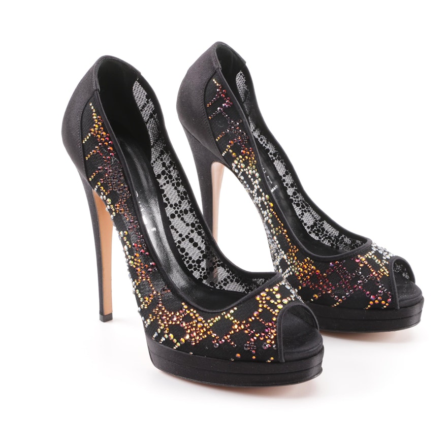 Casadei Black Satin and Mesh Platform Stilettos with Rhinestones, Made in Italy