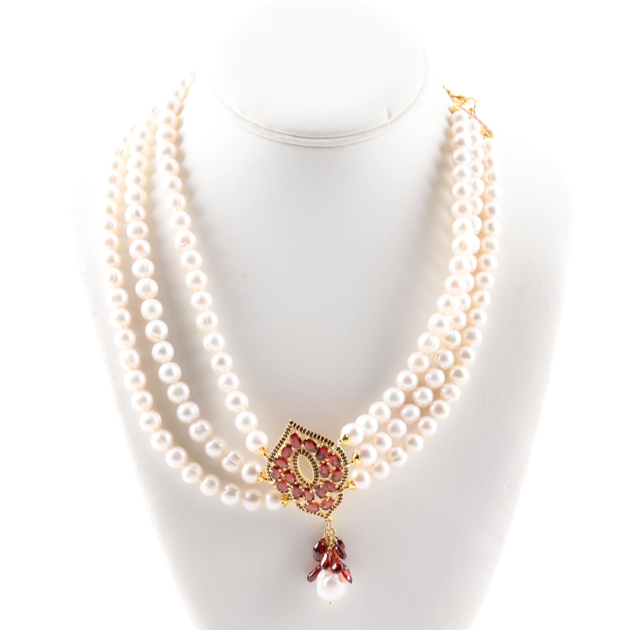 Gold Wash Over Sterling Freshwater Pearl, 15.65 CTW Garnet and Ruby Necklace