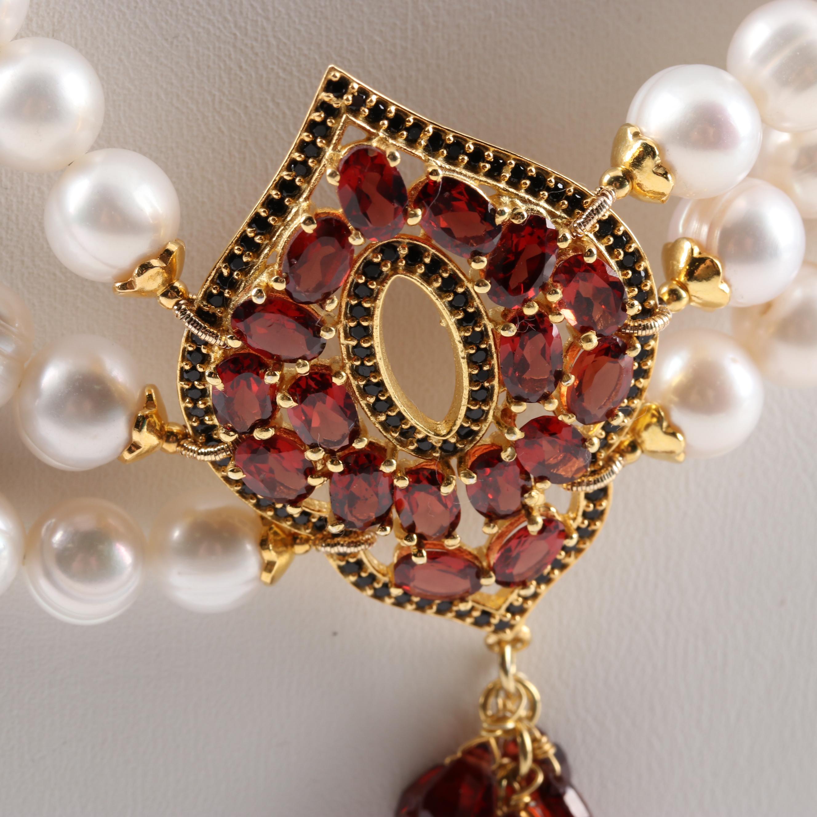 Gold Wash Over Sterling Freshwater Pearl, 15.65 CTW Garnet and Ruby Necklace