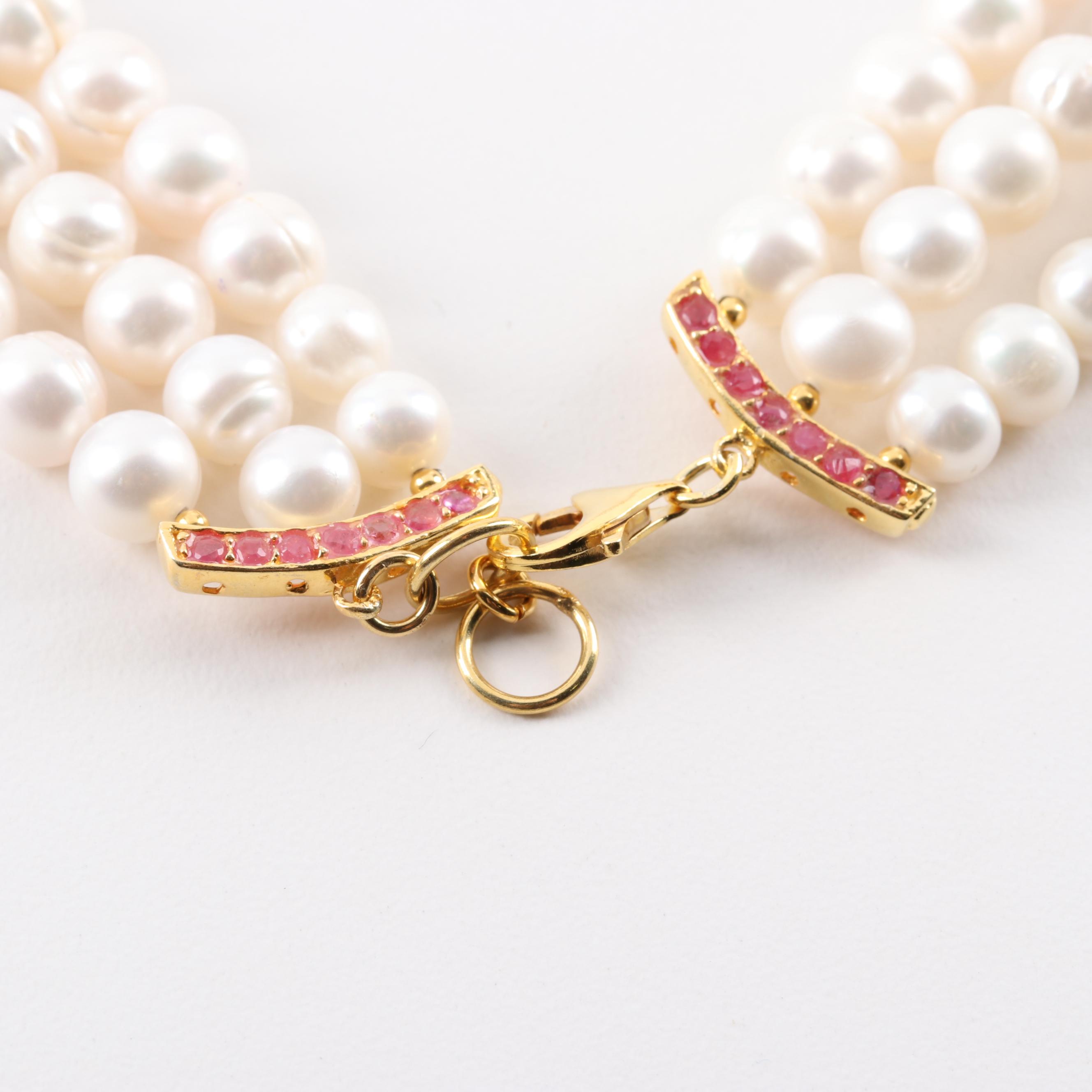 Gold Wash Over Sterling Freshwater Pearl, 15.65 CTW Garnet and Ruby Necklace