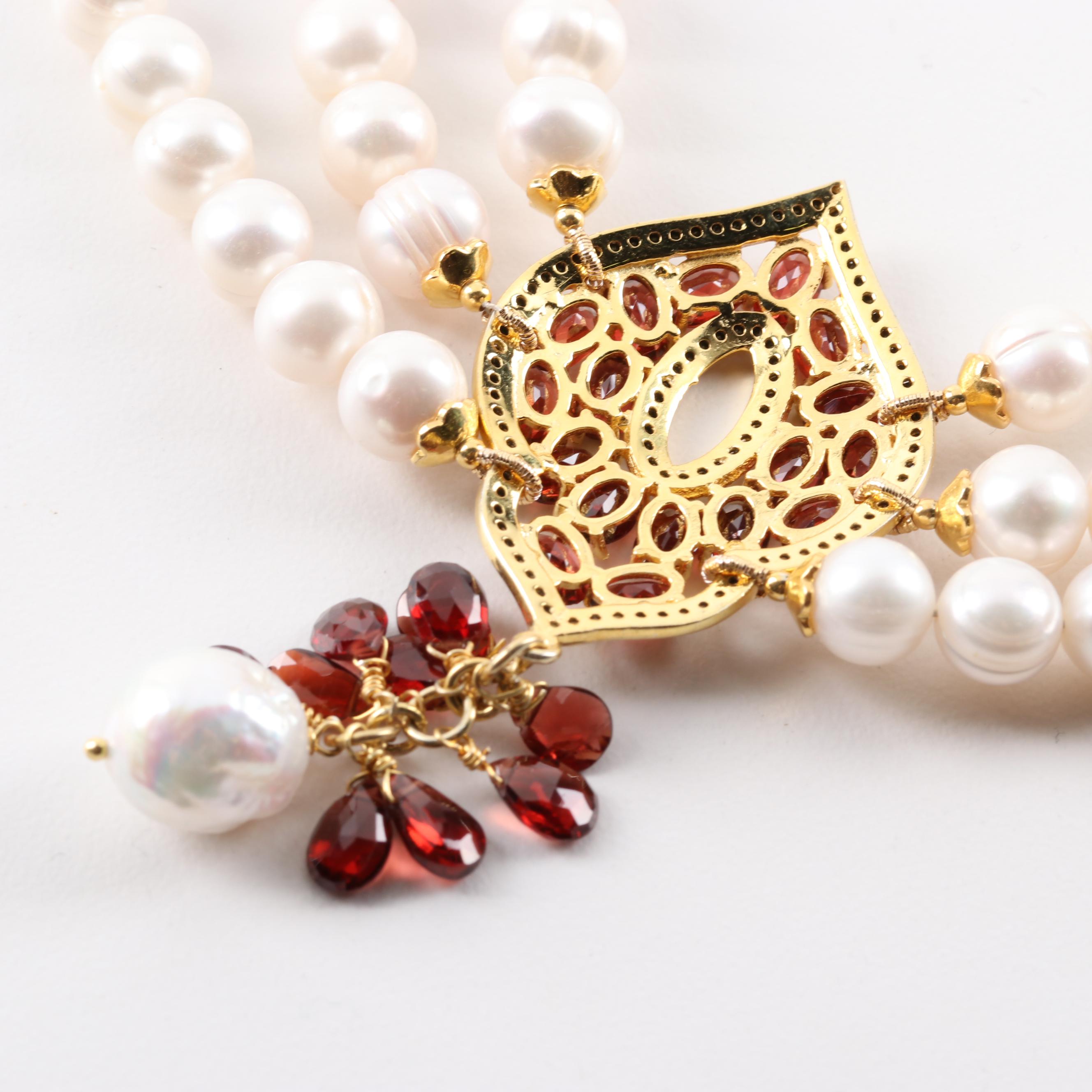Gold Wash Over Sterling Freshwater Pearl, 15.65 CTW Garnet and Ruby Necklace