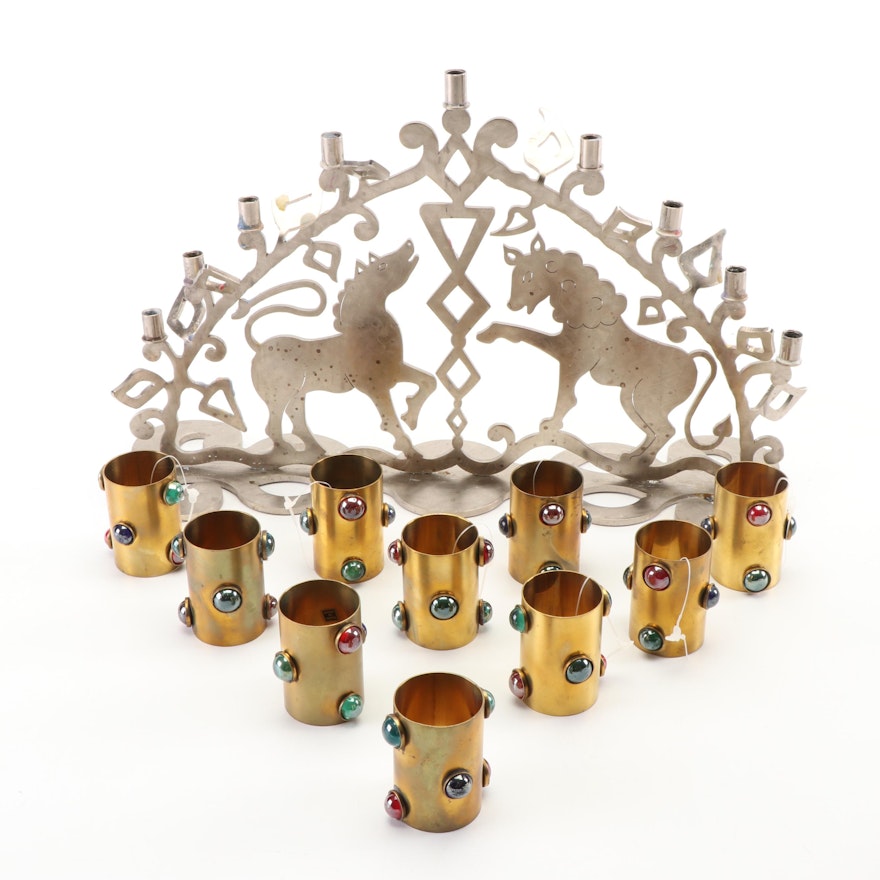 Amy Hess Steel Menorah with Brass and Glass Cabochon Napkin Rings