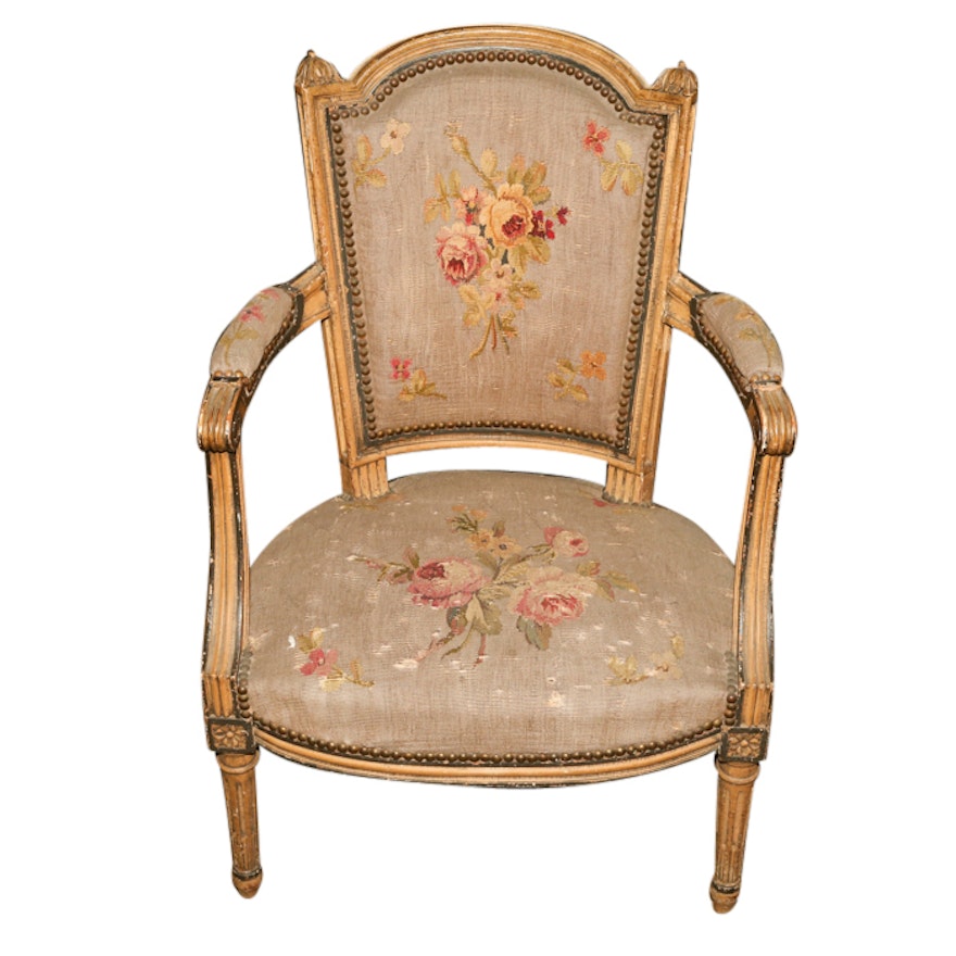 Louis XVI Style Painted Wood and Floral Upholstered Armchair, Early 20th Century