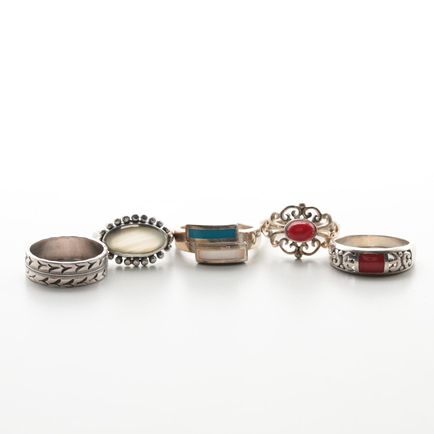 Sterling Silver and Mother Of Pearl, Shell and Imitation Coral Rings