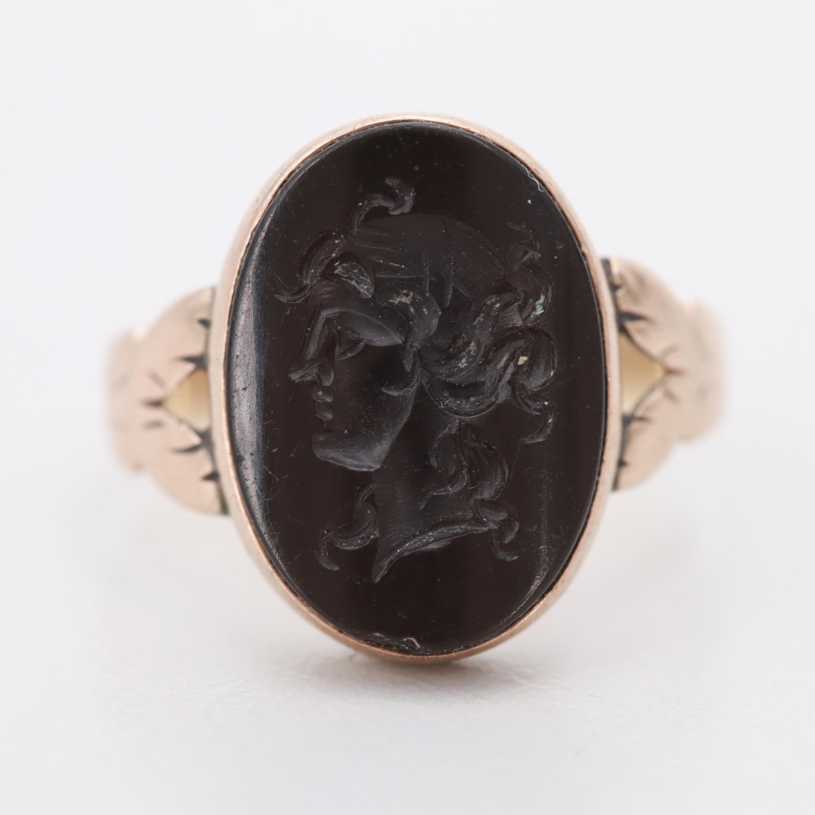 Victorian 10K Yellow Gold Black Onyx Intaglio Ring