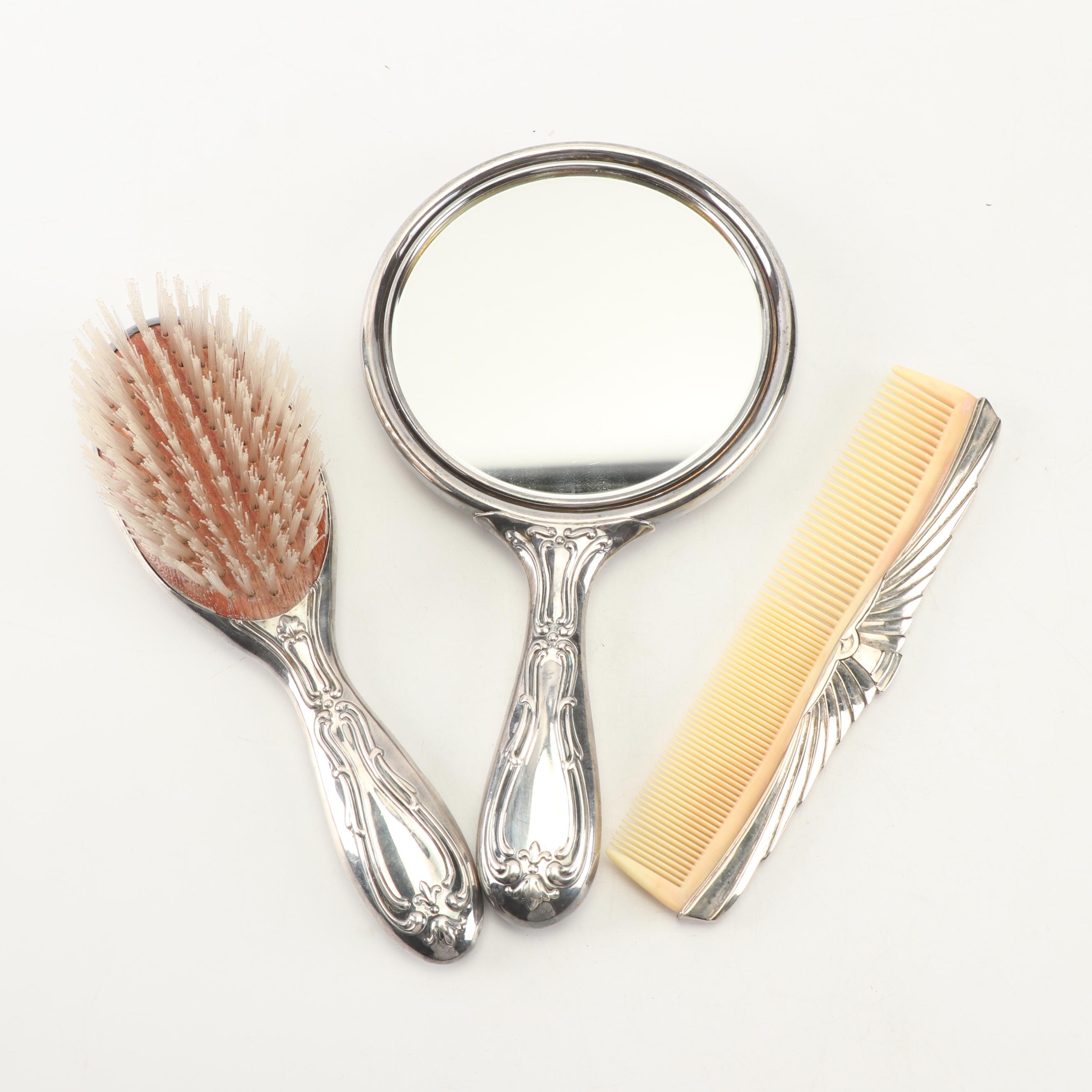 Gorham "Chantilly" Silver Plate Hairbrush and Hand Mirror with Silver Plate Comb