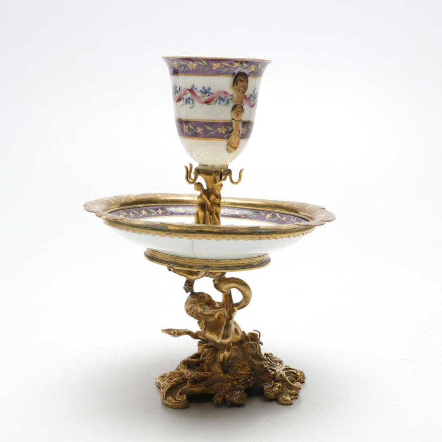 Cast Bronze and Porcelain Figural Tazza Epergne, 19th Century