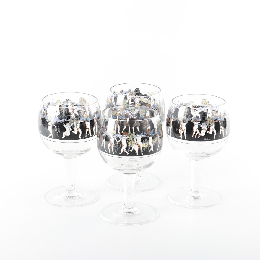 Hand-Painted Cherub Motif Glass Wine Goblets