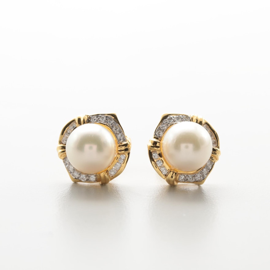 18K Yellow Gold Cultured Pearl and Diamond Stud Earrings