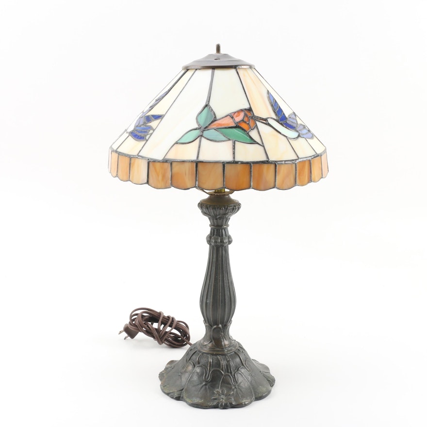 Cast Metal Table Lamp with Hummingbird and Flower Stained Glass Shade