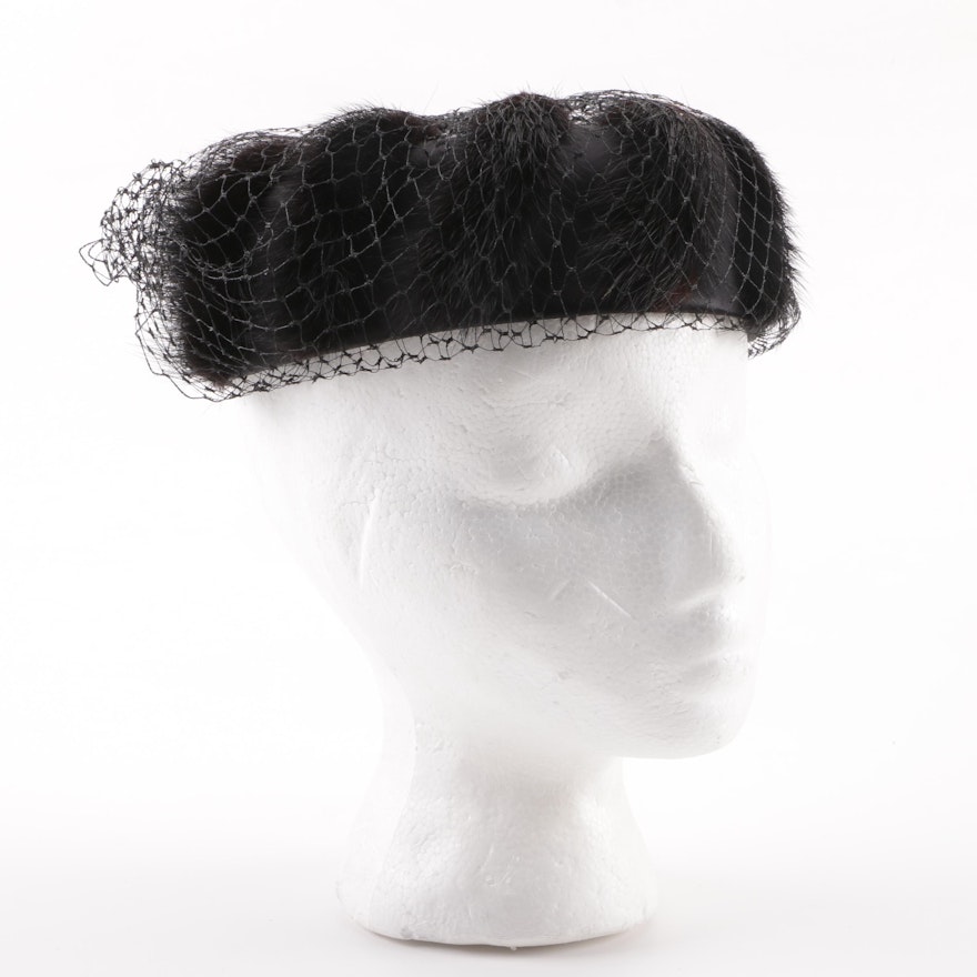 Circa 1950s Black Netted Fascinator with Mink Fur Detail and Hat Box