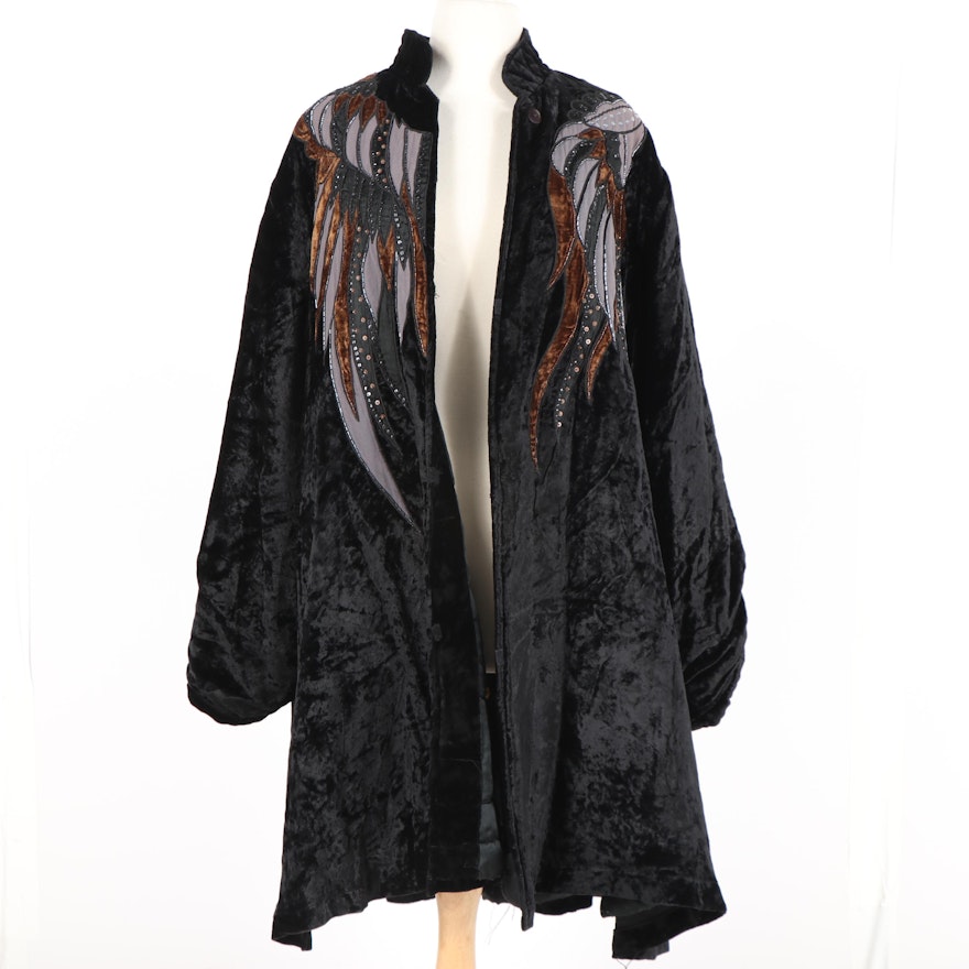 Women's JA Resort Embellished Black Crushed Velour Swing Coat