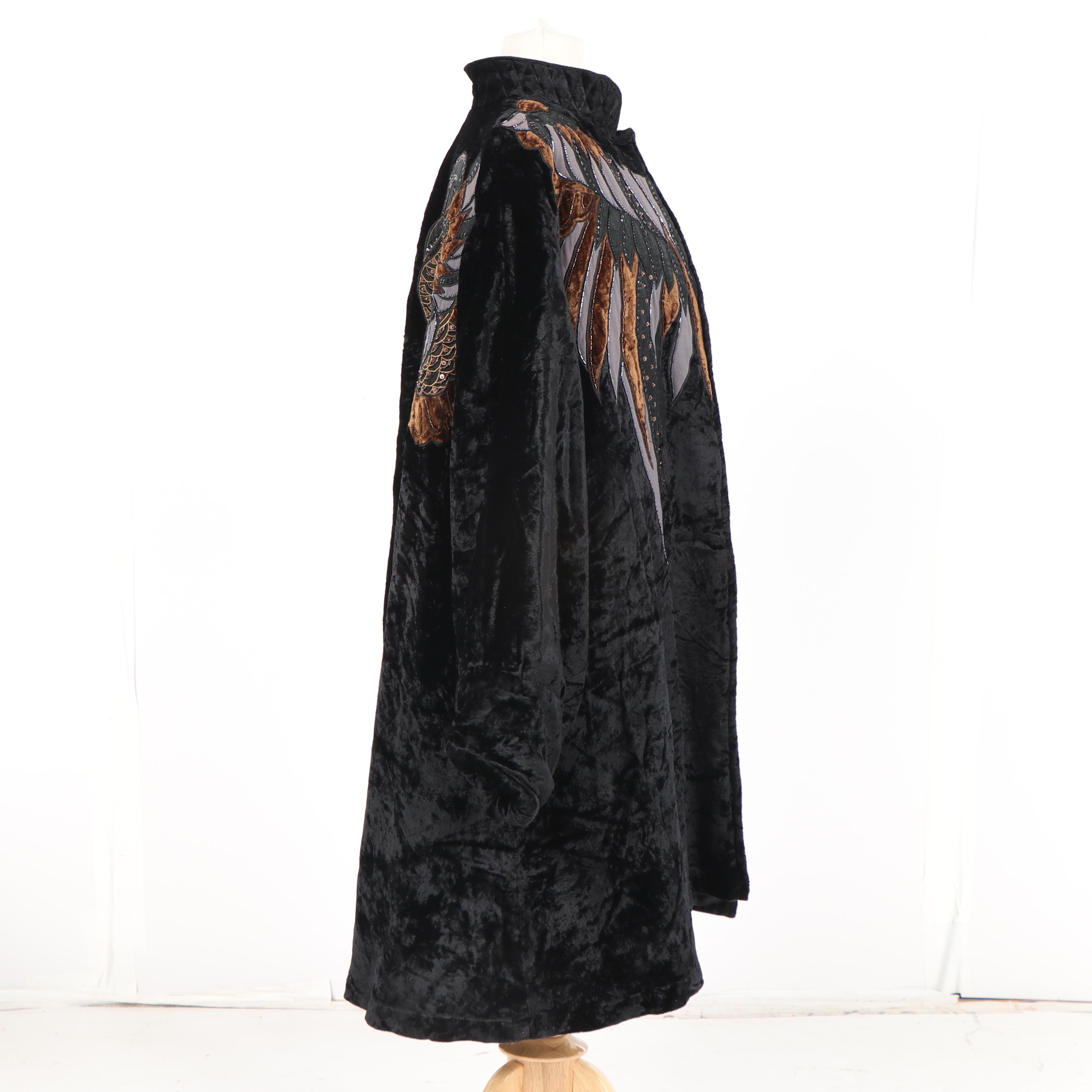 Women's JA Resort Embellished Black Crushed Velour Swing Coat