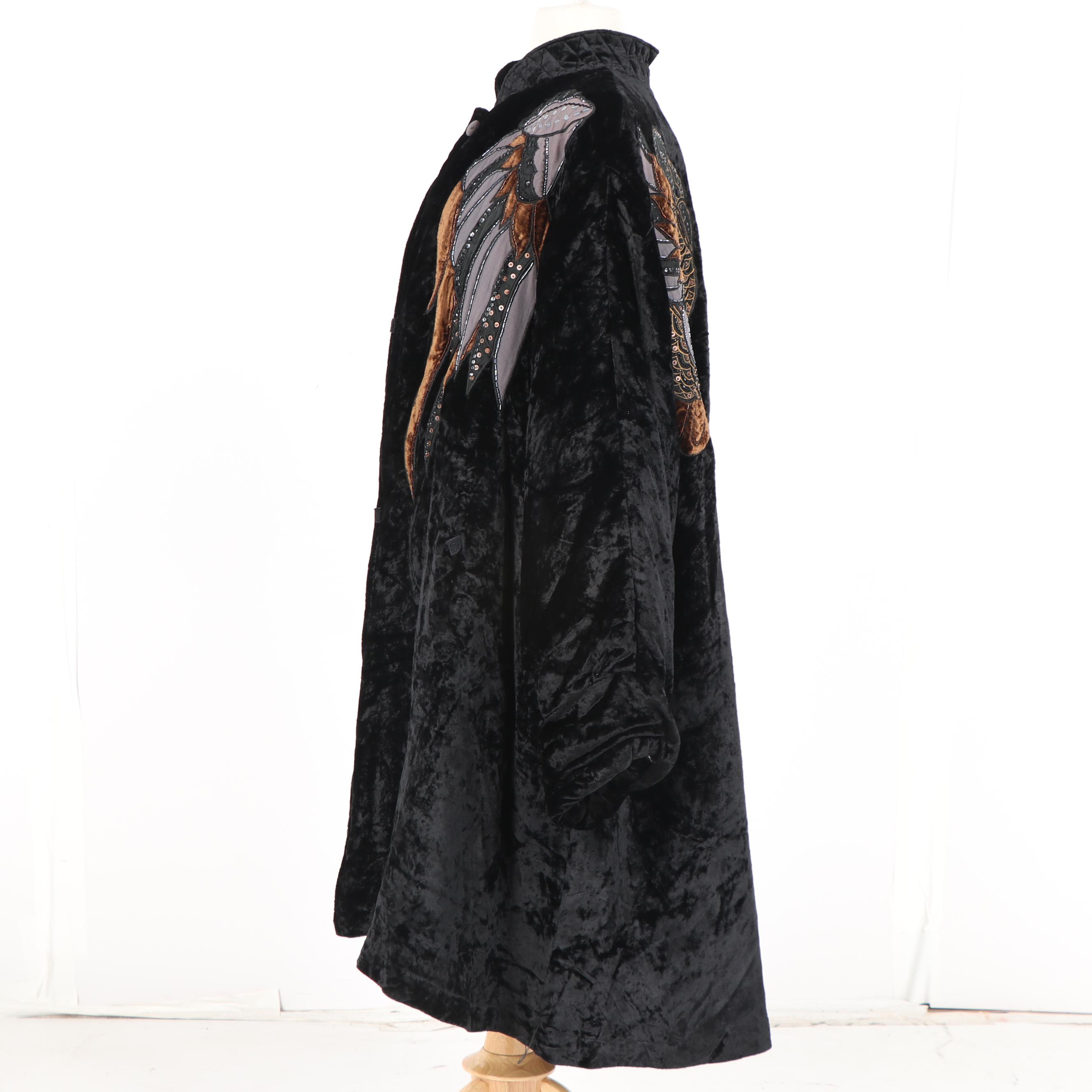 Women's JA Resort Embellished Black Crushed Velour Swing Coat