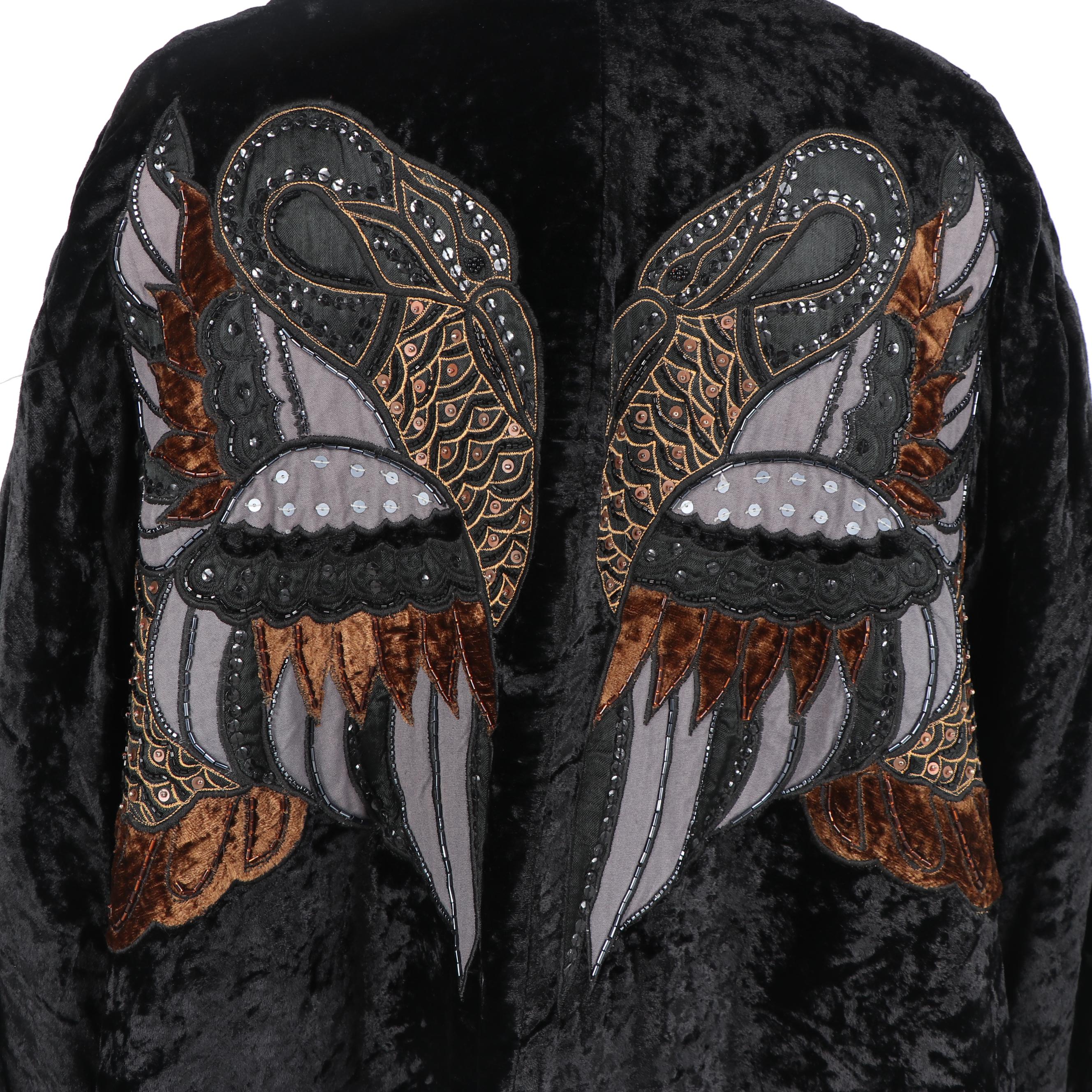 Women's JA Resort Embellished Black Crushed Velour Swing Coat