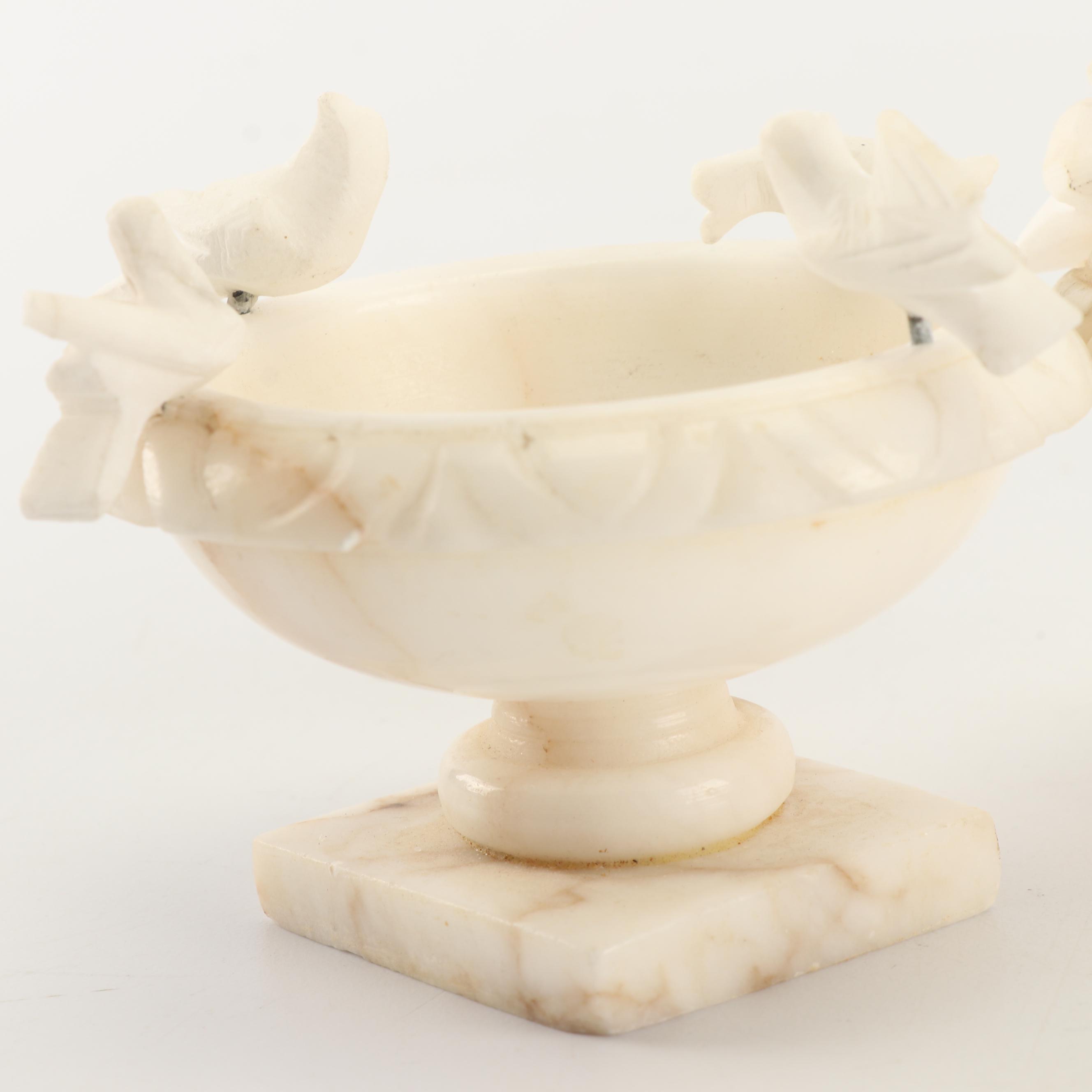 Carved Alabaster and Marble Birdbaths with Birds Figurines