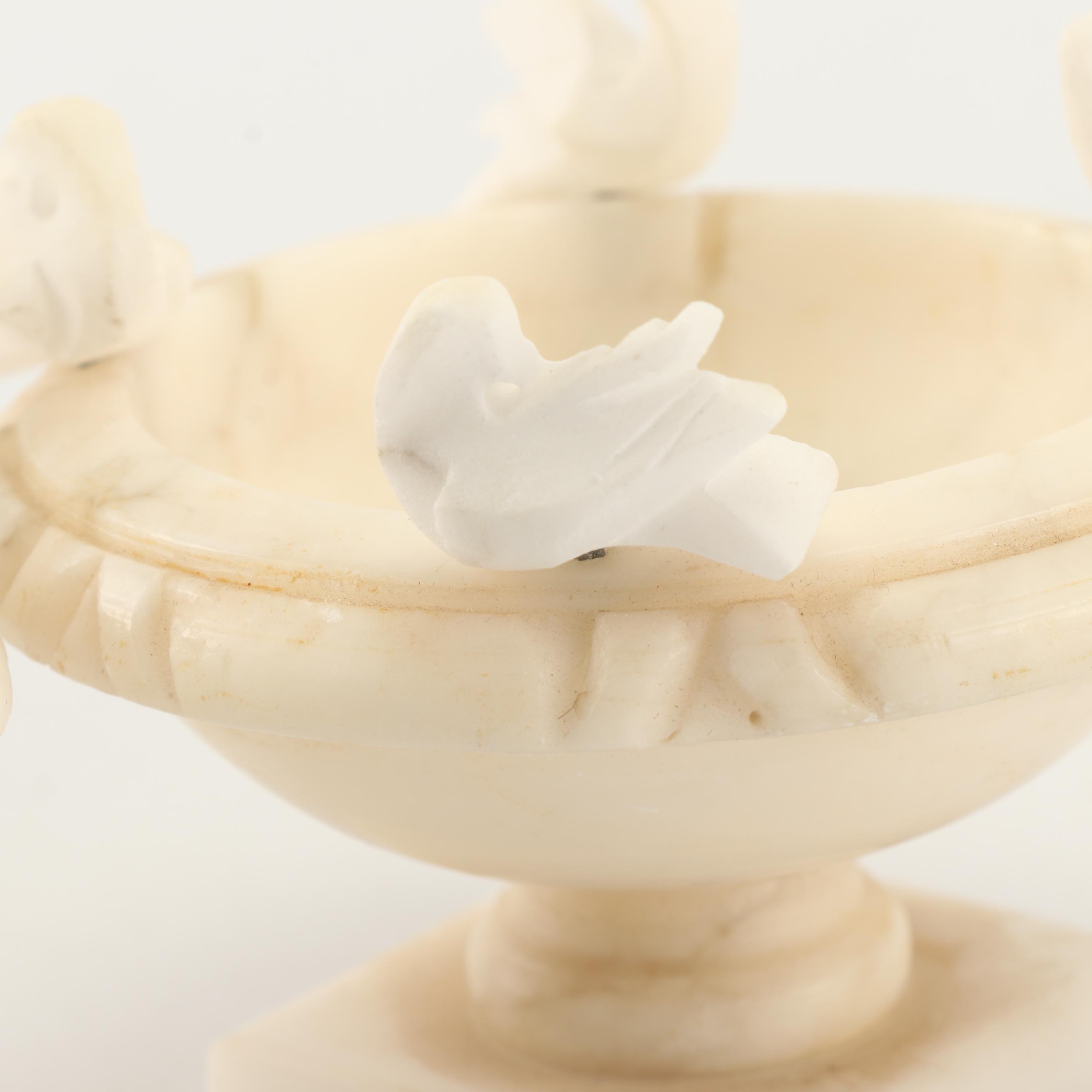 Carved Alabaster and Marble Birdbaths with Birds Figurines