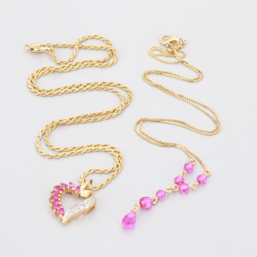 Gold Wash on Sterling Silver Synthetic Ruby and Diamond Necklaces