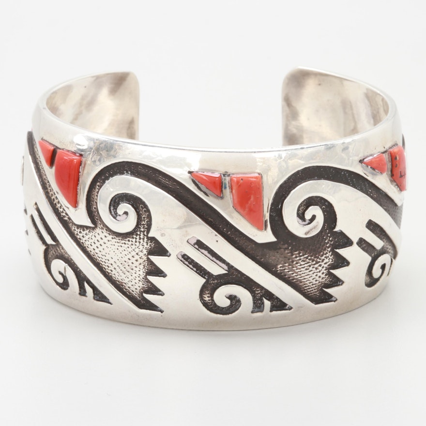 Hyson Craig Navajo Diné Sterling Silver Coral and Overlay Cuff Bracelet