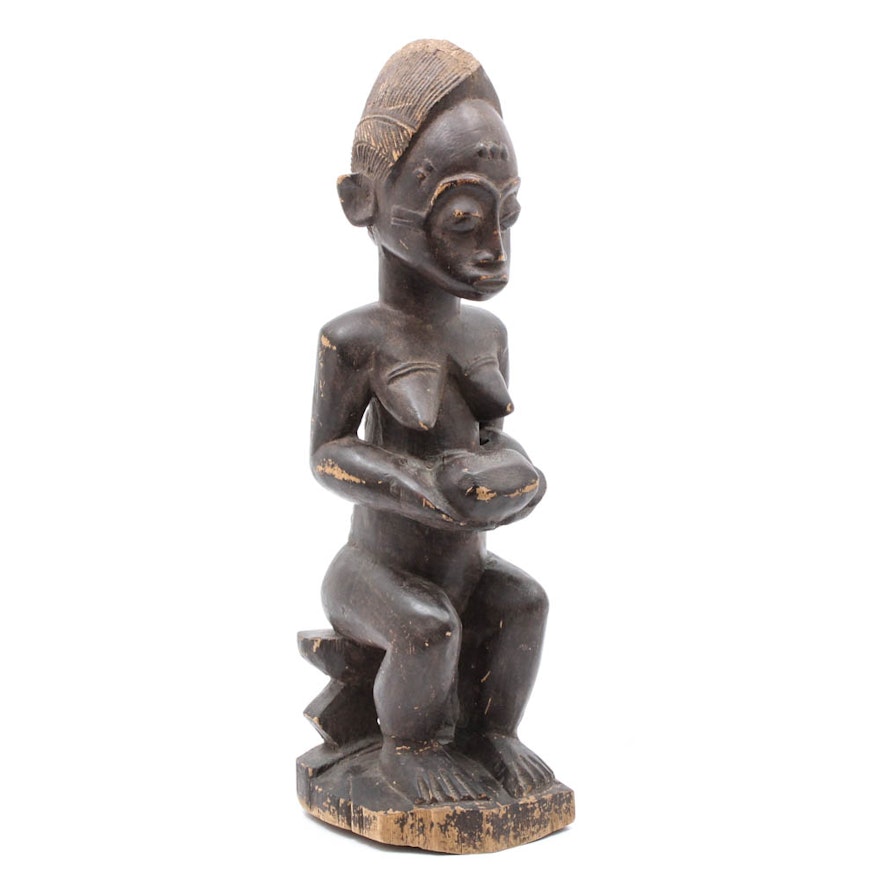 African Hand Carved Wooden Sculpture of Seated Woman